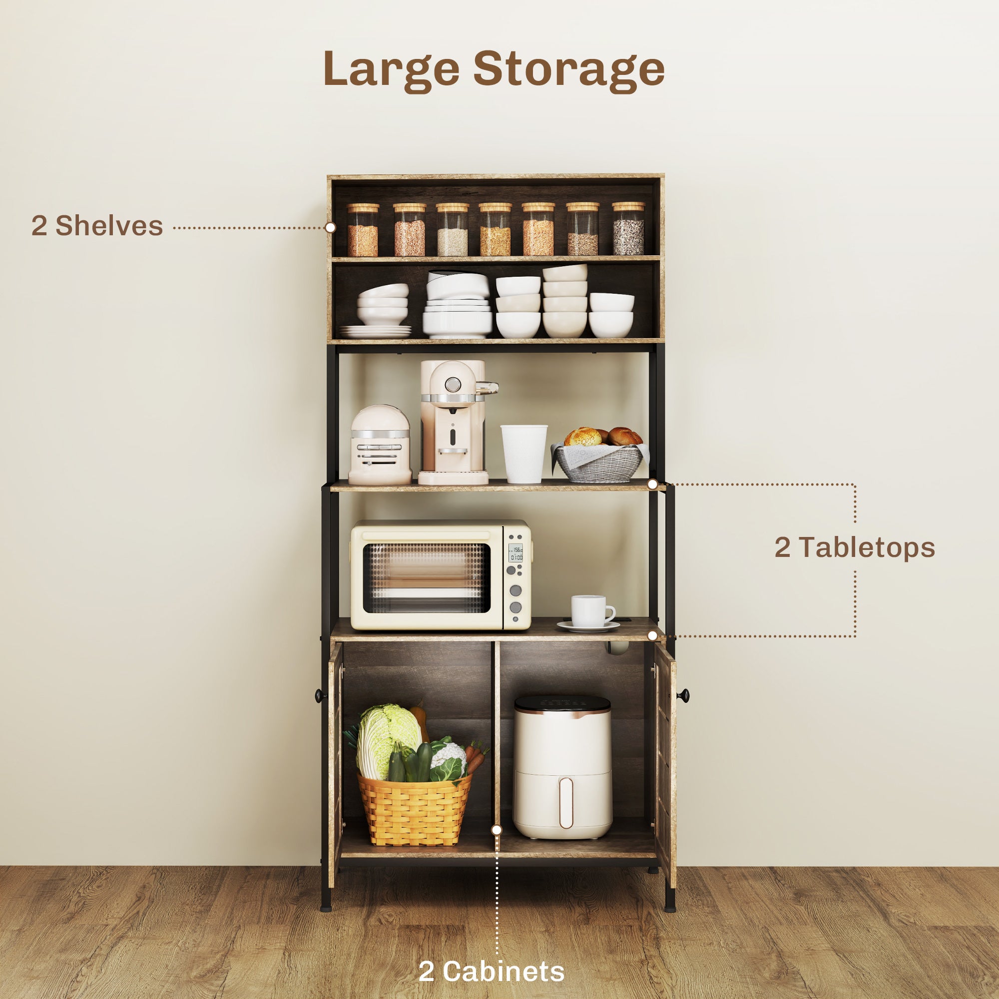 Baker’s Rack with Built-In Power Outlets – Kitchen Shelving with Cabinet & USB Charging