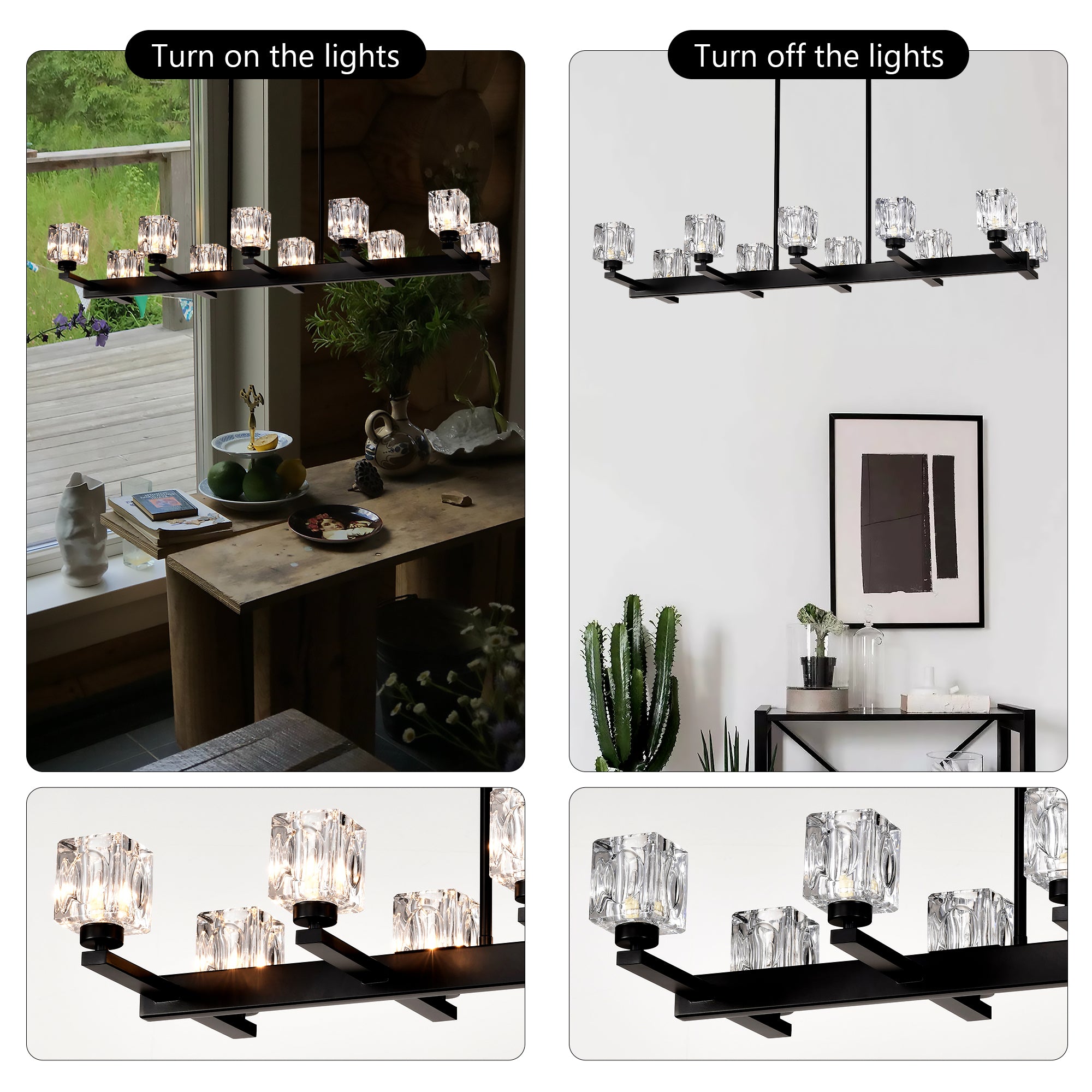 Modern Crystal Linear Chandelier – 10-Light Black Farmhouse Pendant Fixture