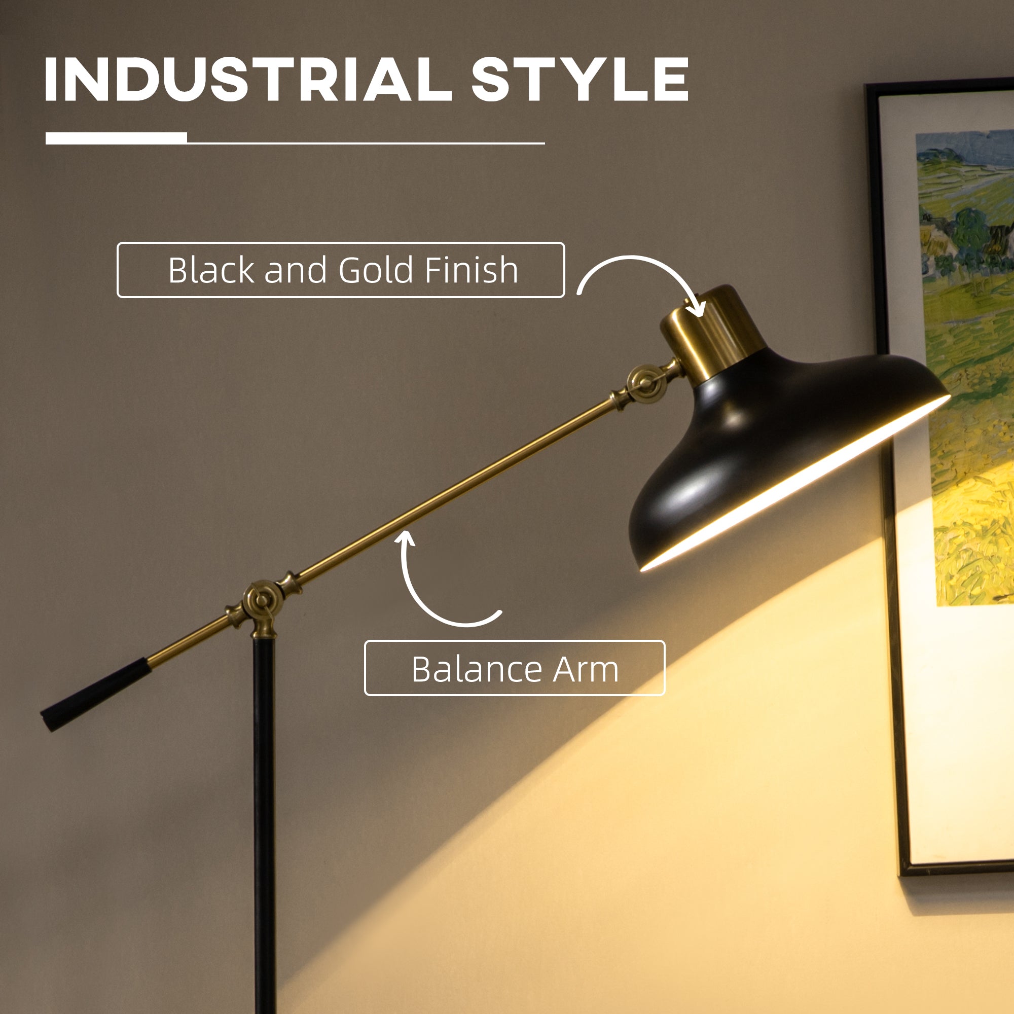 Adjustable Arc Floor Lamp – Industrial Black & Gold Living Room Light