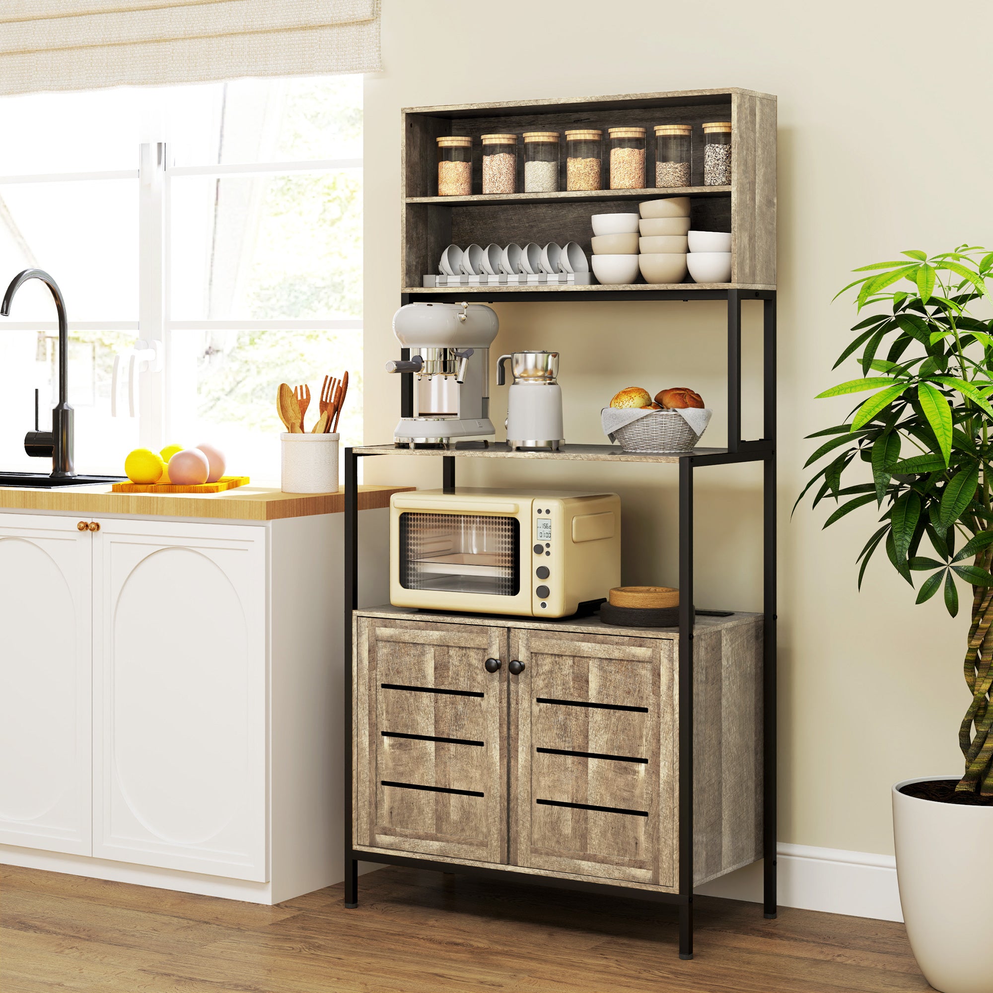 Baker’s Rack with Built-In Power Outlets – Kitchen Shelving with Cabinet & USB Charging