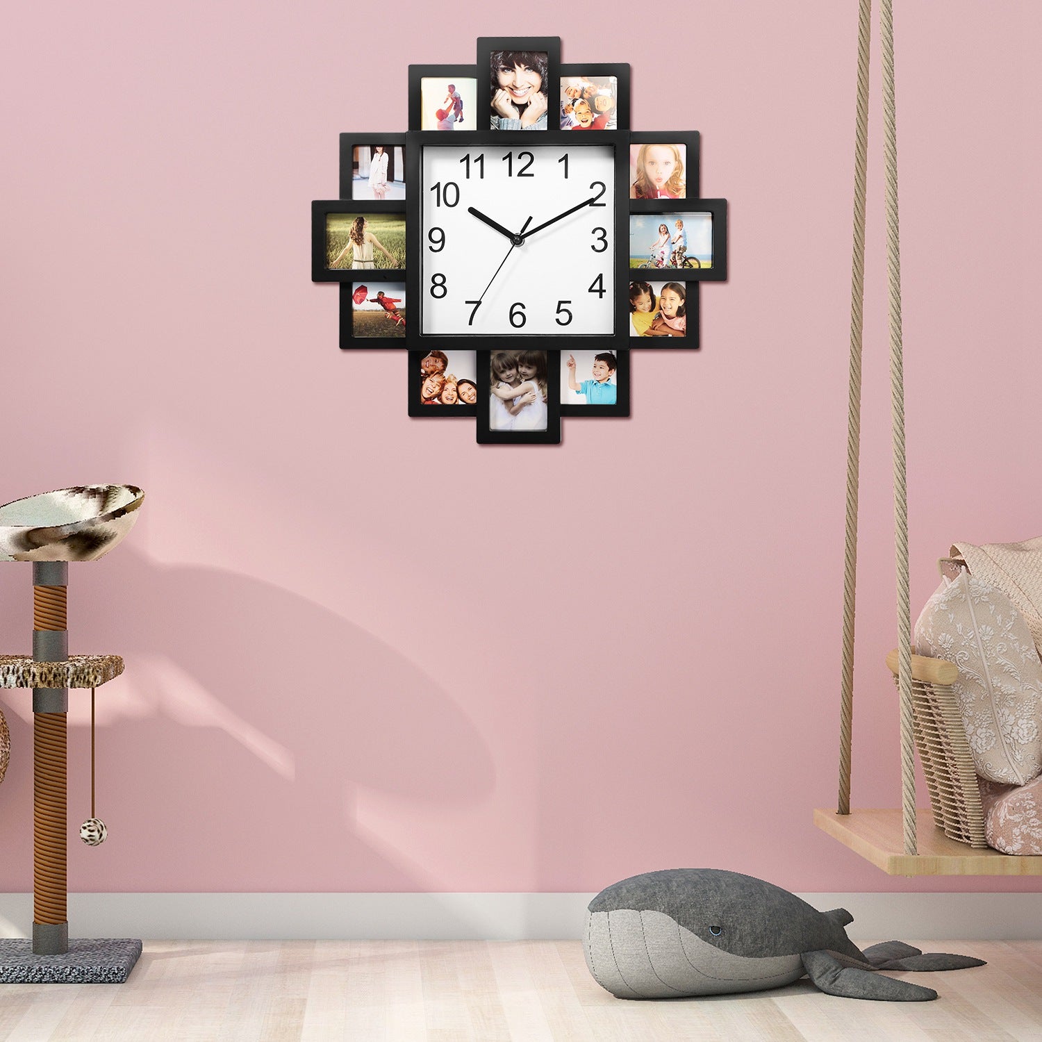 Photo Frame Wall Clock – 12-Opening Picture Collage Display