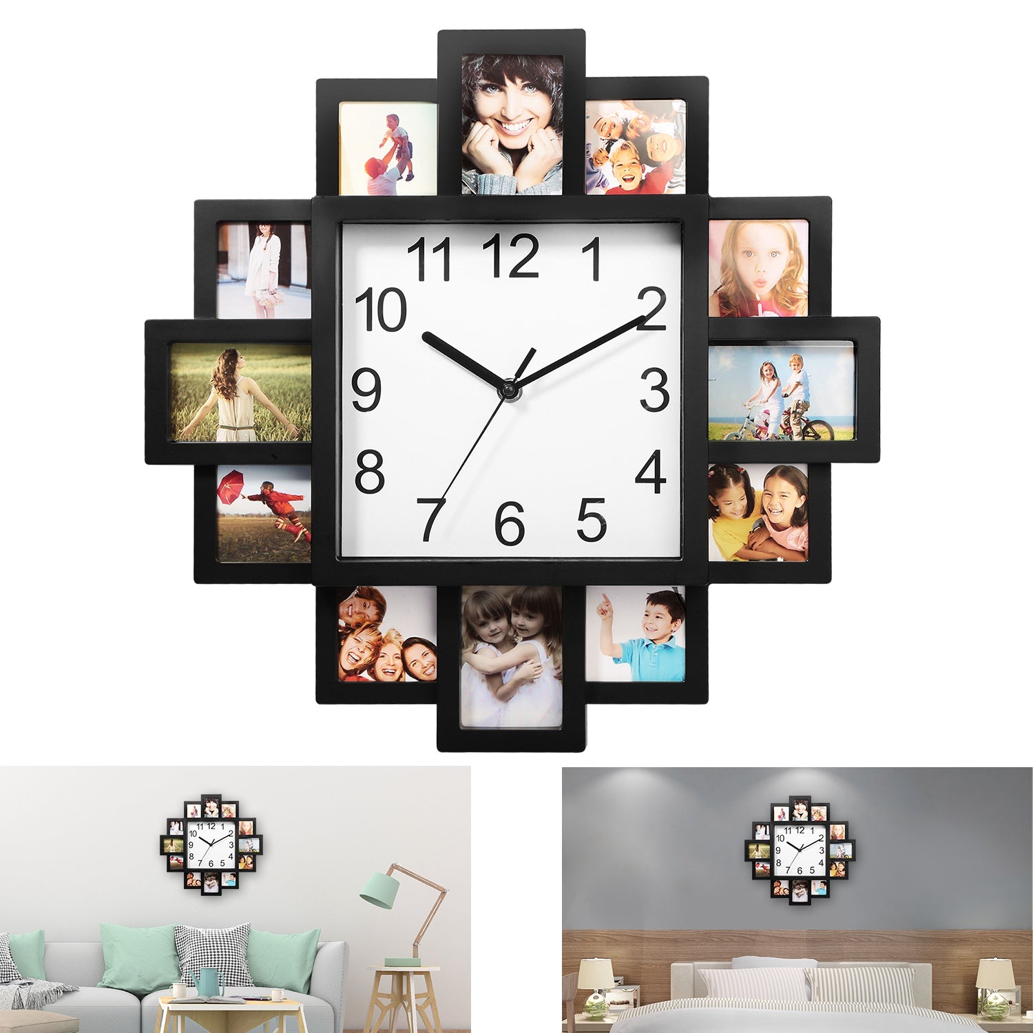 Photo Frame Wall Clock – 12-Opening Picture Collage Display