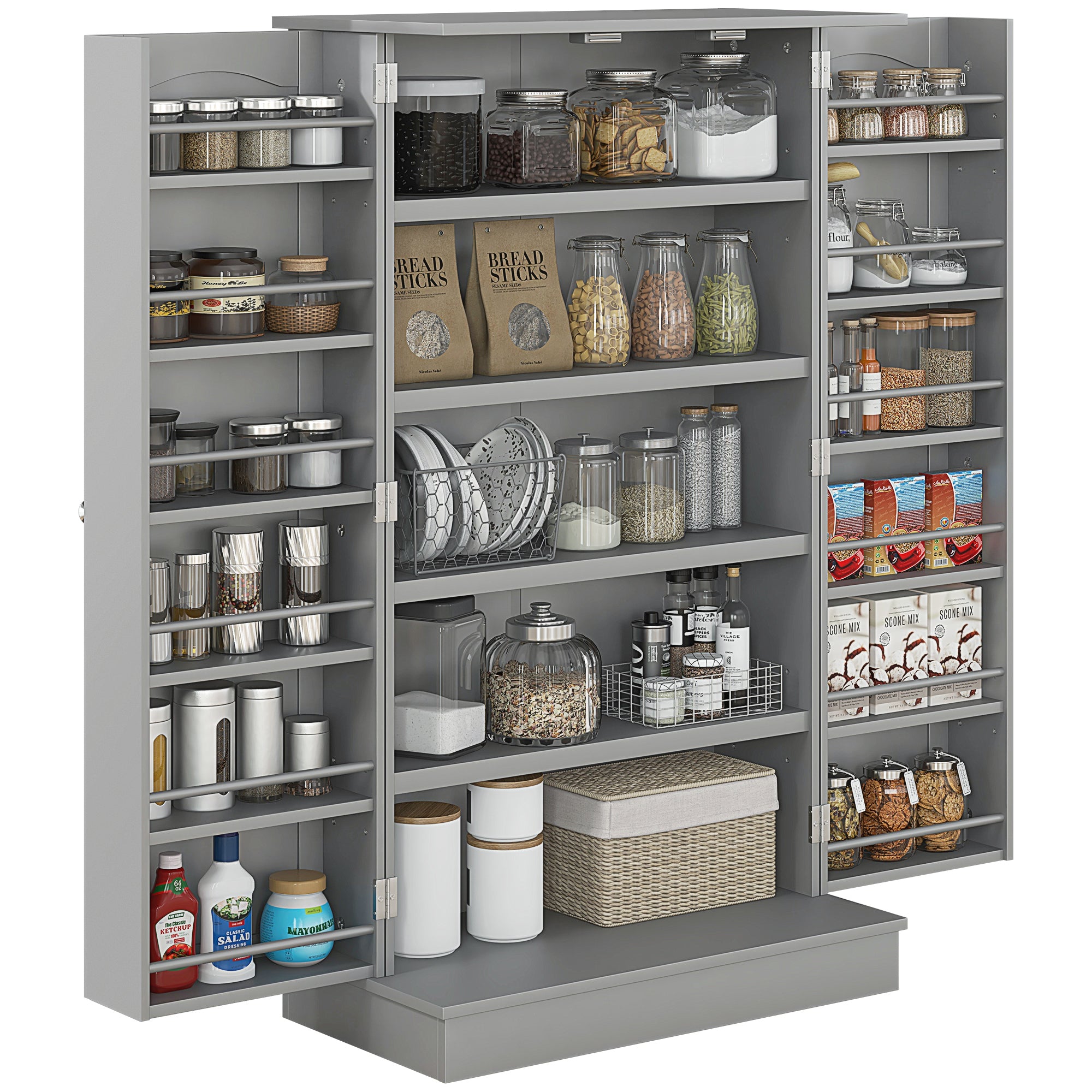 Gray Pantry Cabinet with 5-Tier Shelves & 12 Spice Racks – Double Door Storage