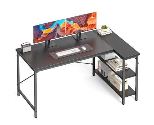 47" Reversible L-Shaped Desk – Corner Computer Desk with 2-Tier Shelves