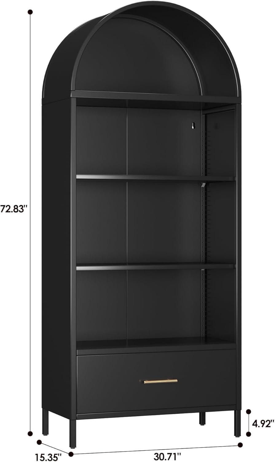 Metal Arched Display Cabinet – Bookshelf & Kitchen Pantry with Glass Doors