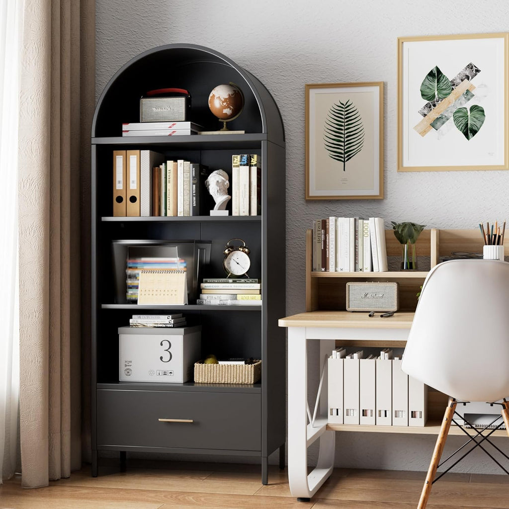 Metal Arched Display Cabinet – Bookshelf & Kitchen Pantry with Glass Doors