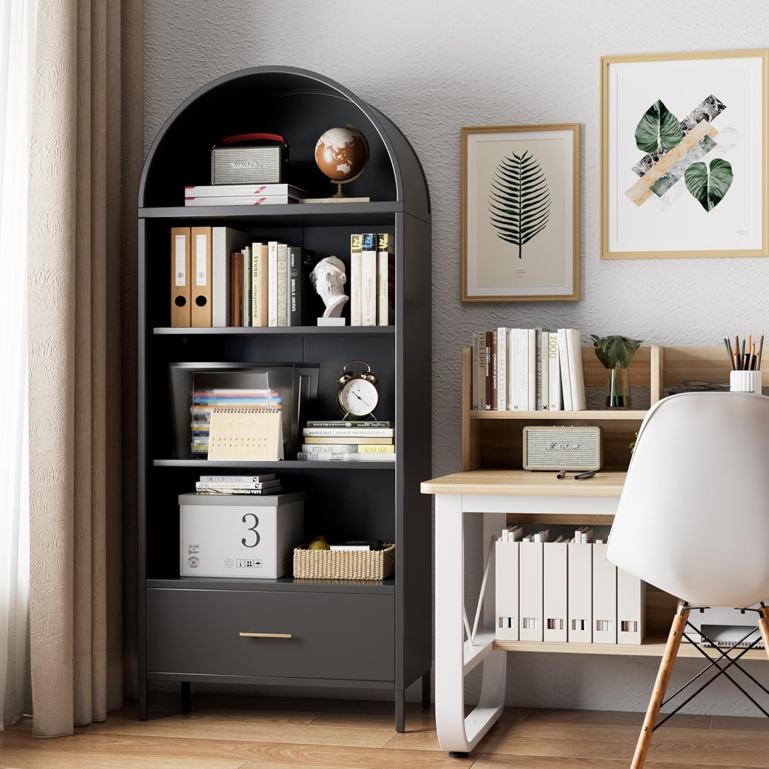 Metal Arched Display Cabinet – Bookshelf & Kitchen Pantry with Glass Doors