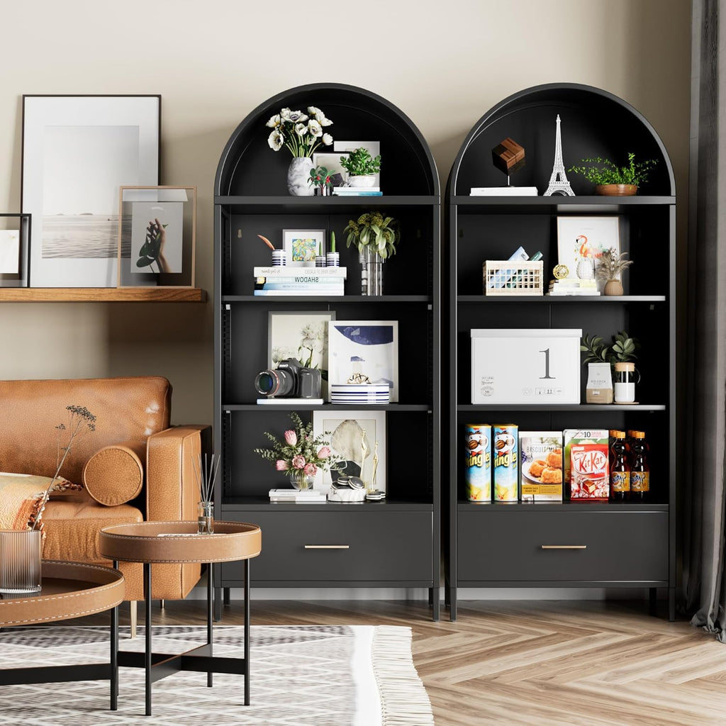 Metal Arched Display Cabinet – Bookshelf & Kitchen Pantry with Glass Doors