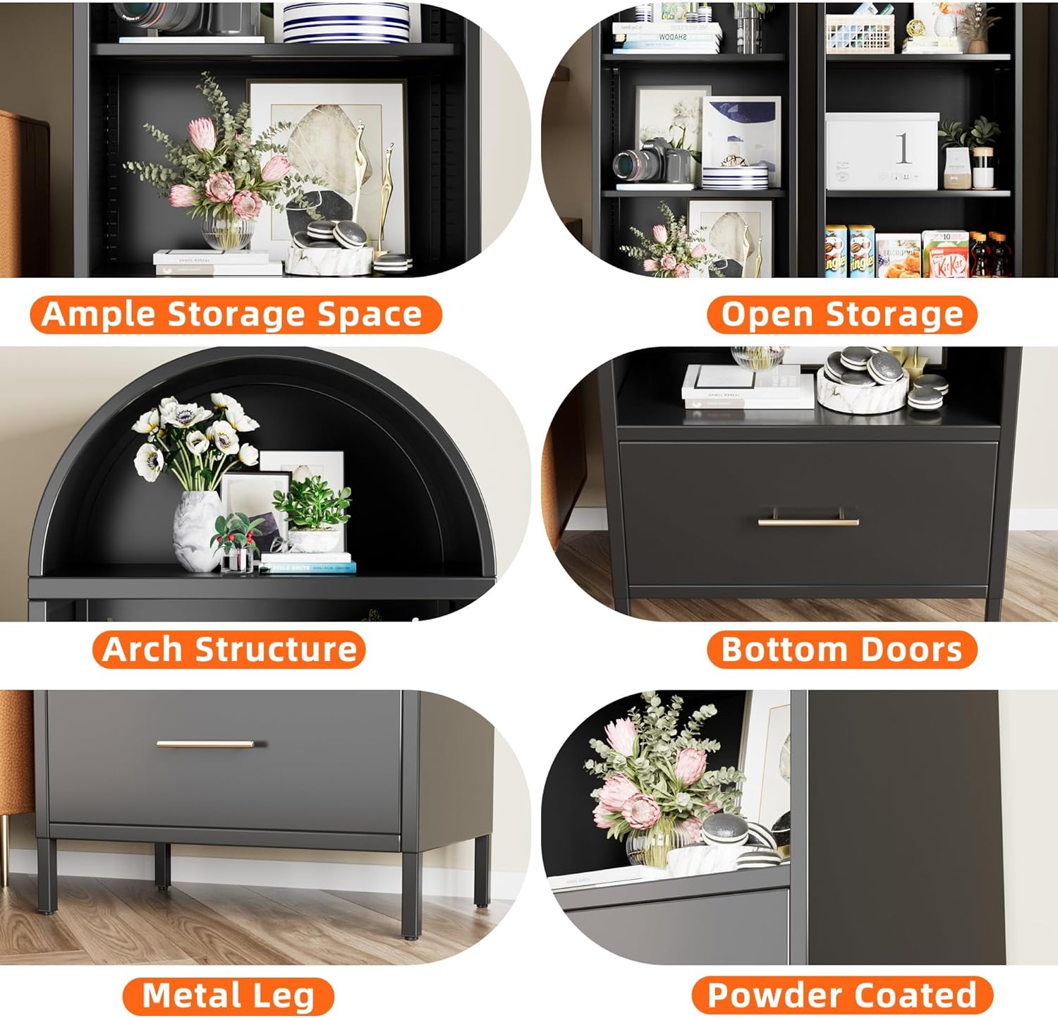 Metal Arched Display Cabinet – Bookshelf & Kitchen Pantry with Glass Doors