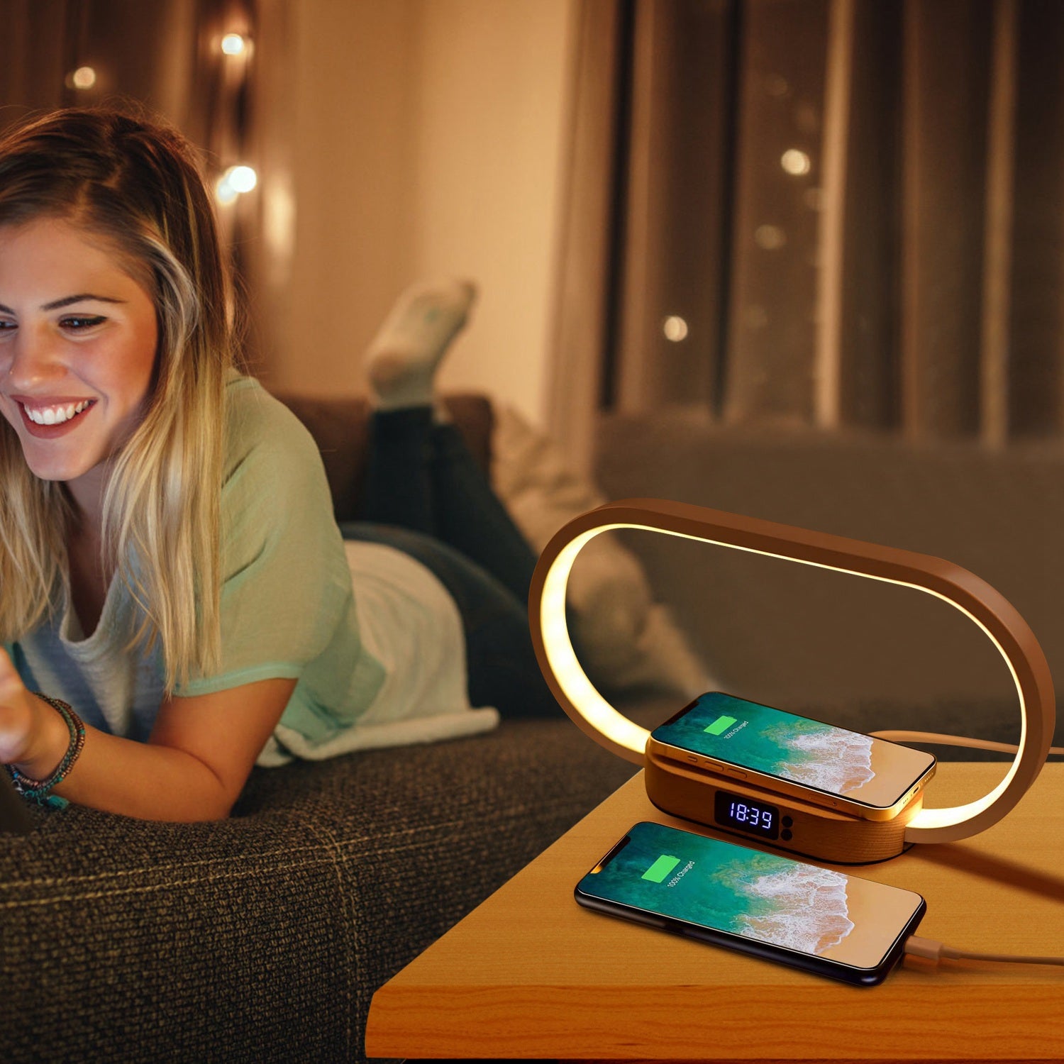 Bedside Table Lamp with Touch Control, Digital Clock & Wireless Charging