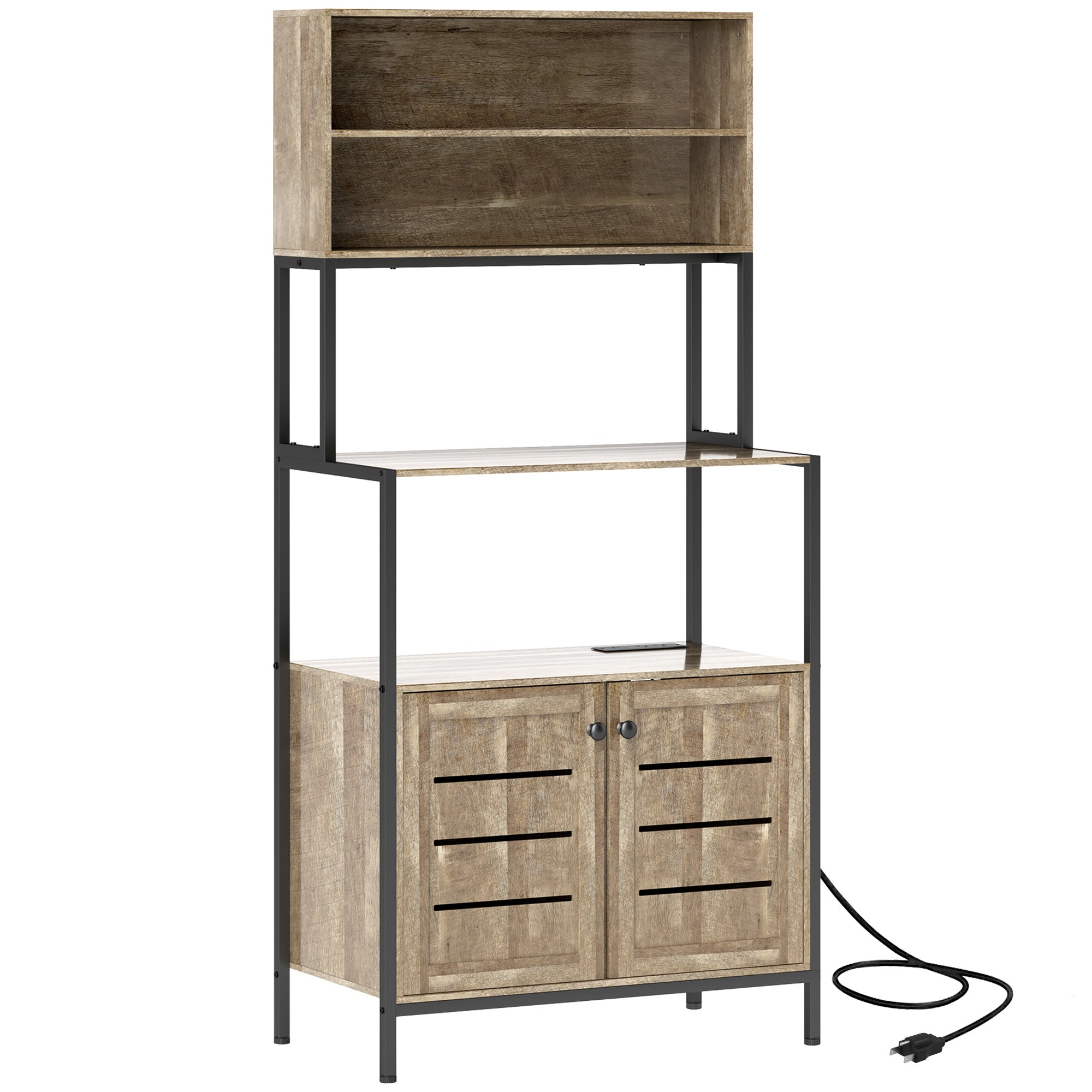 Baker’s Rack with Built-In Power Outlets – Kitchen Shelving with Cabinet & USB Charging