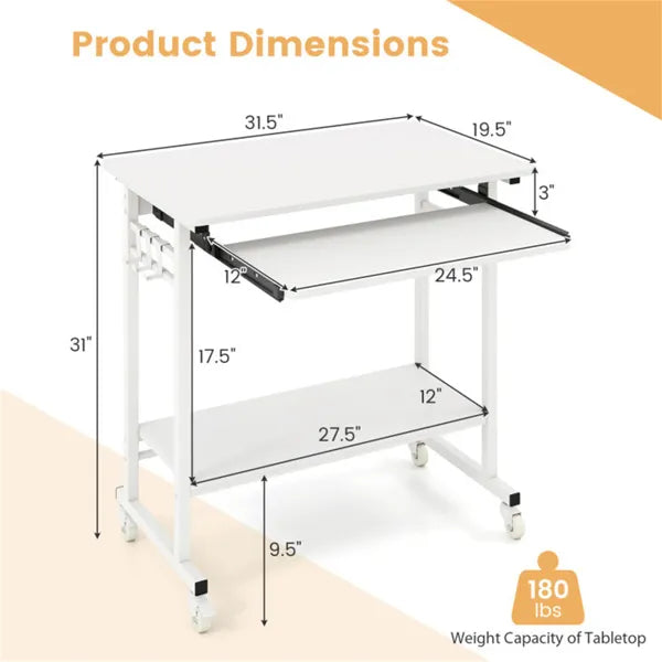 Mobile Computer Desk with Keyboard Tray & Storage Shelf – Rolling Workstation
