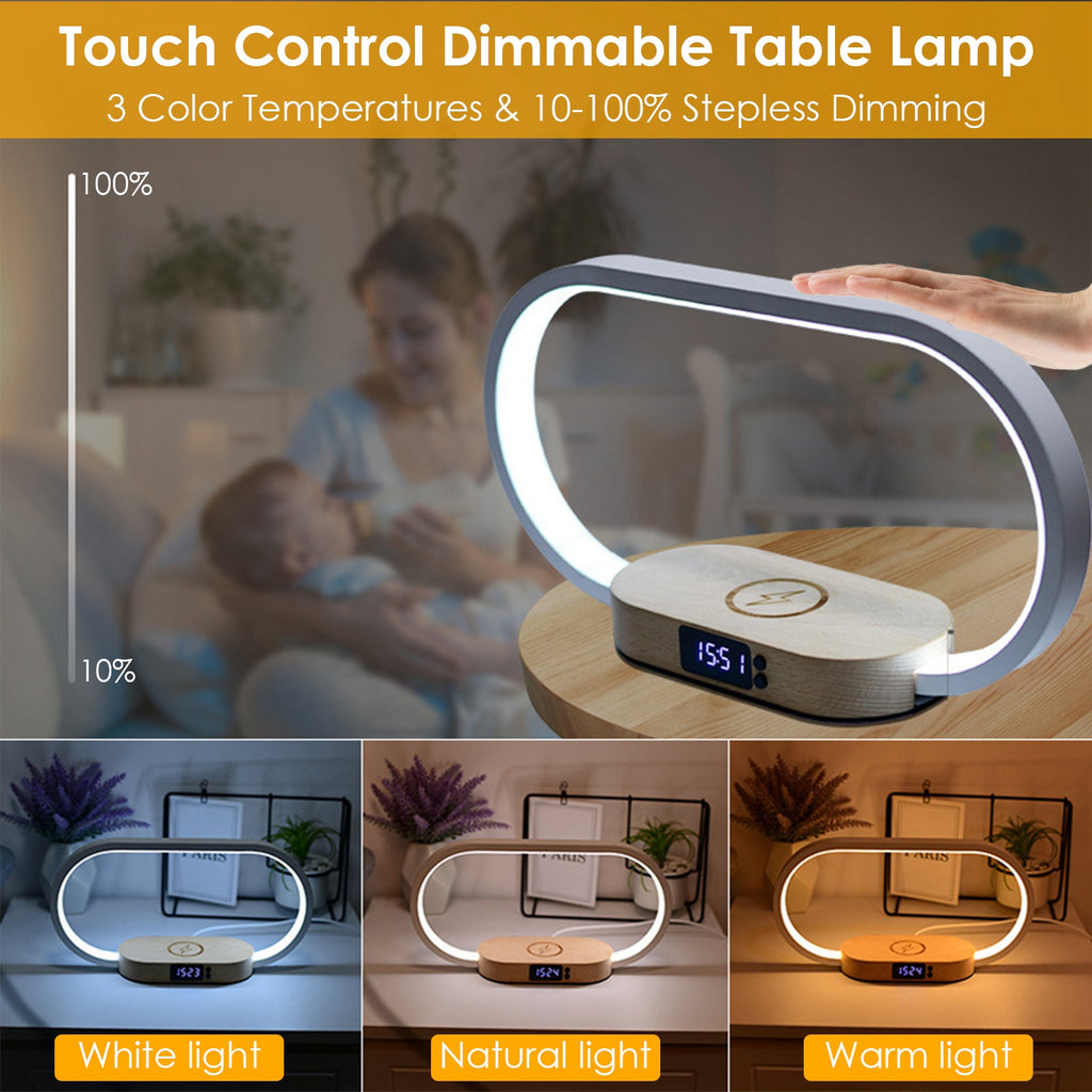 Bedside Table Lamp with Touch Control, Digital Clock & Wireless Charging