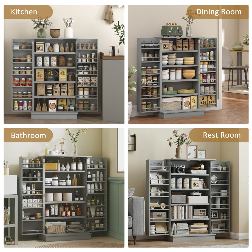 Gray Pantry Cabinet with 5-Tier Shelves & 12 Spice Racks – Double Door Storage