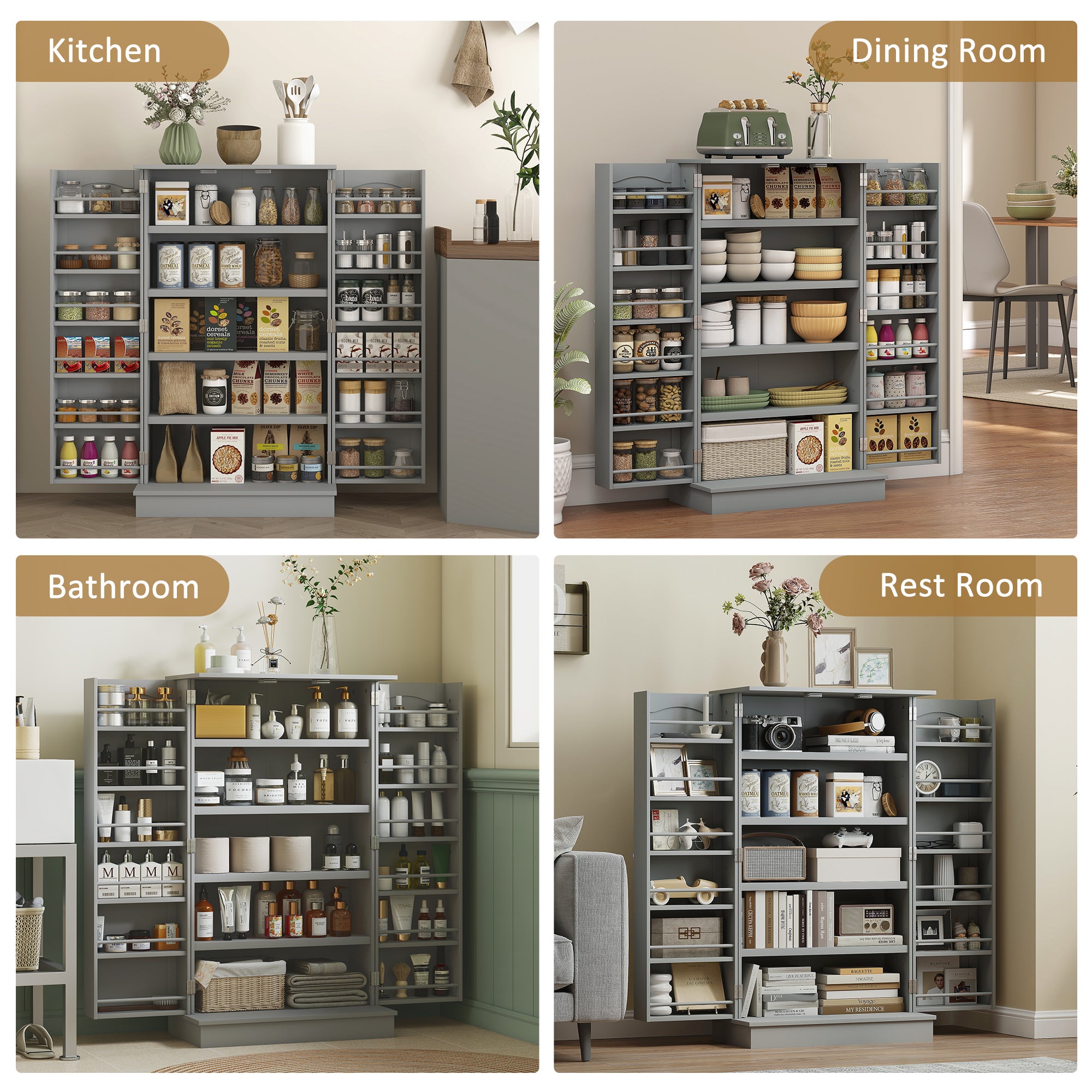 Gray Pantry Cabinet with 5-Tier Shelves & 12 Spice Racks – Double Door Storage