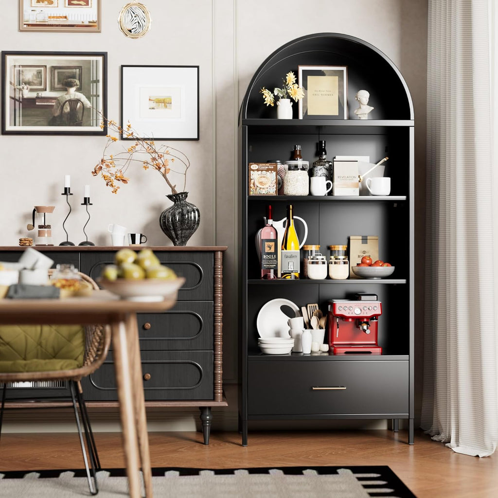 Metal Arched Display Cabinet – Bookshelf & Kitchen Pantry with Glass Doors