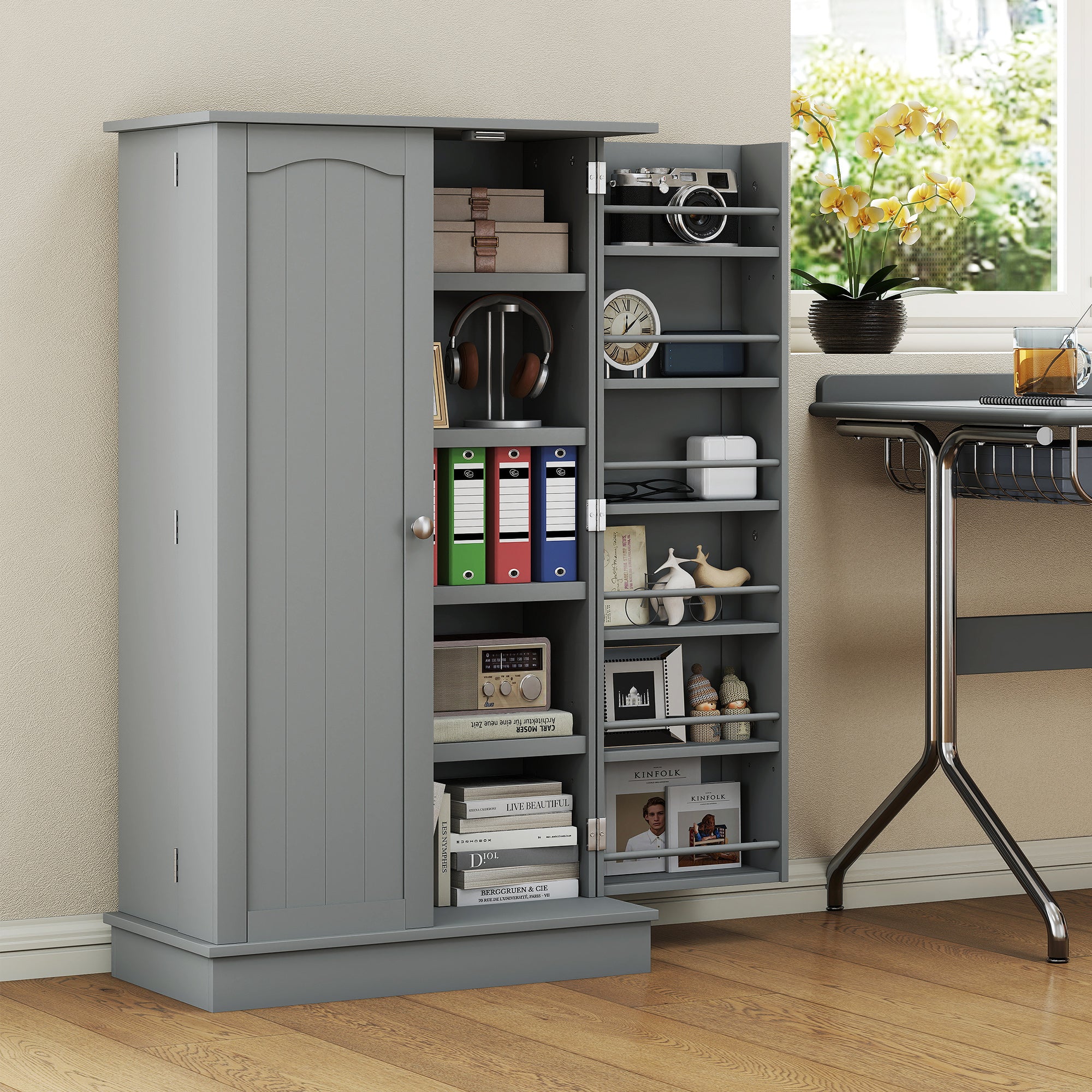 Gray Pantry Cabinet with 5-Tier Shelves & 12 Spice Racks – Double Door Storage