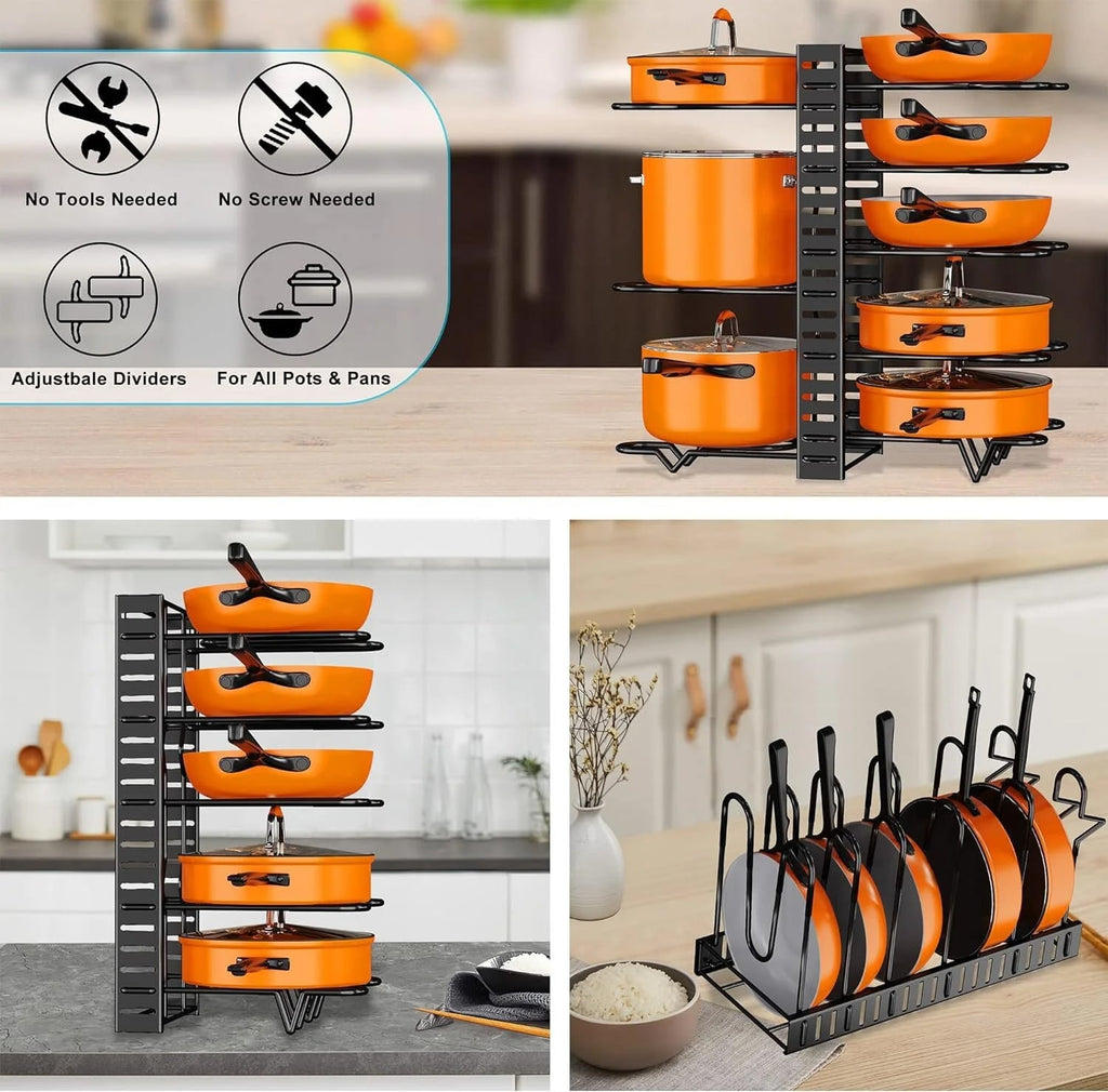 8-Tier Pot & Pan Organizer with Dish Drying Rack – 3-in-1 Kitchen Storage