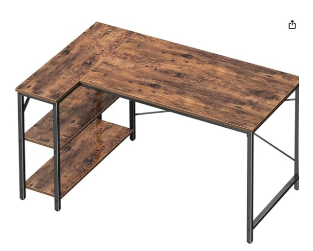 47" Reversible L-Shaped Desk – Corner Computer Desk with 2-Tier Shelves