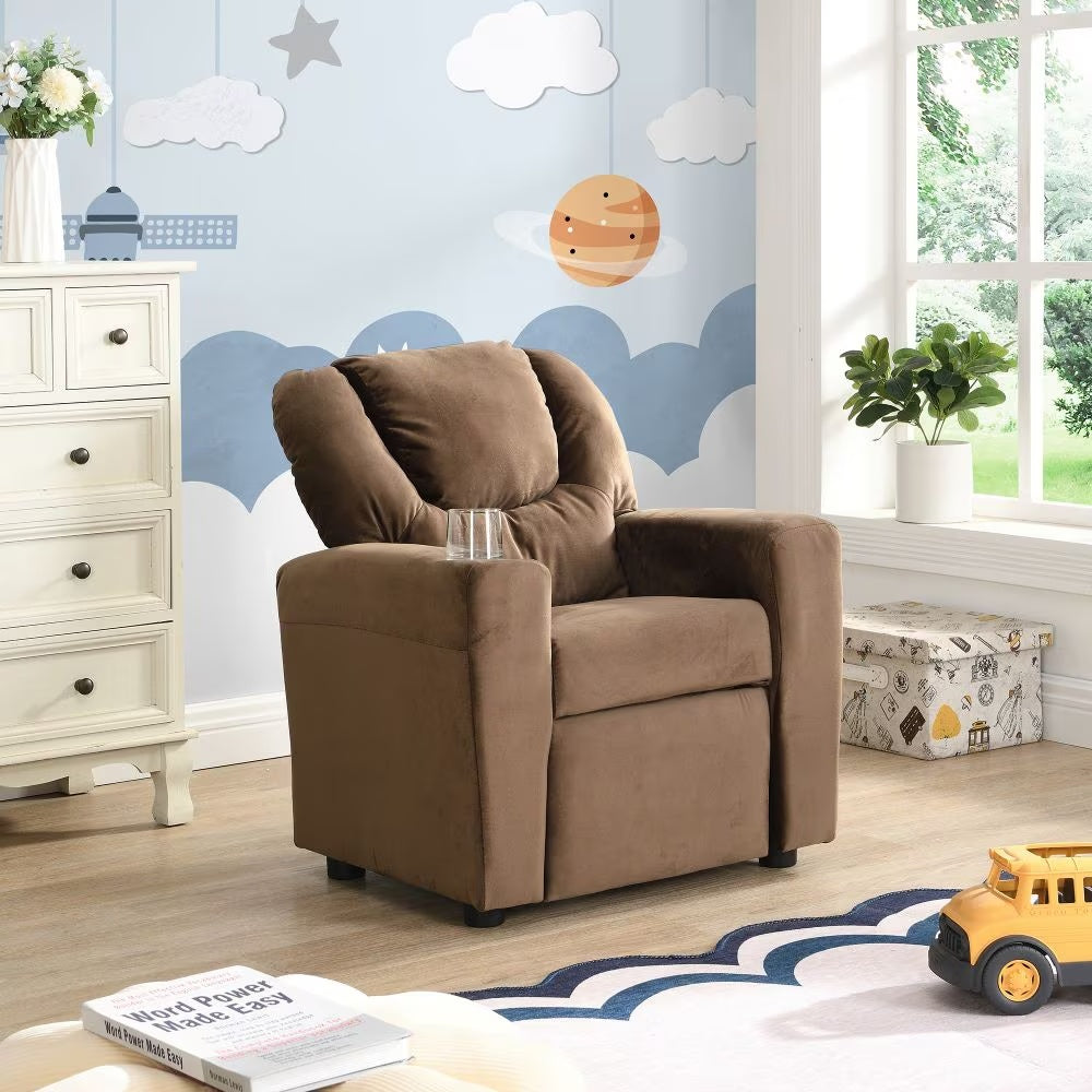 Kids Recliner Chair with Cup Holders – Upholstered Toddler Couch & Lounger