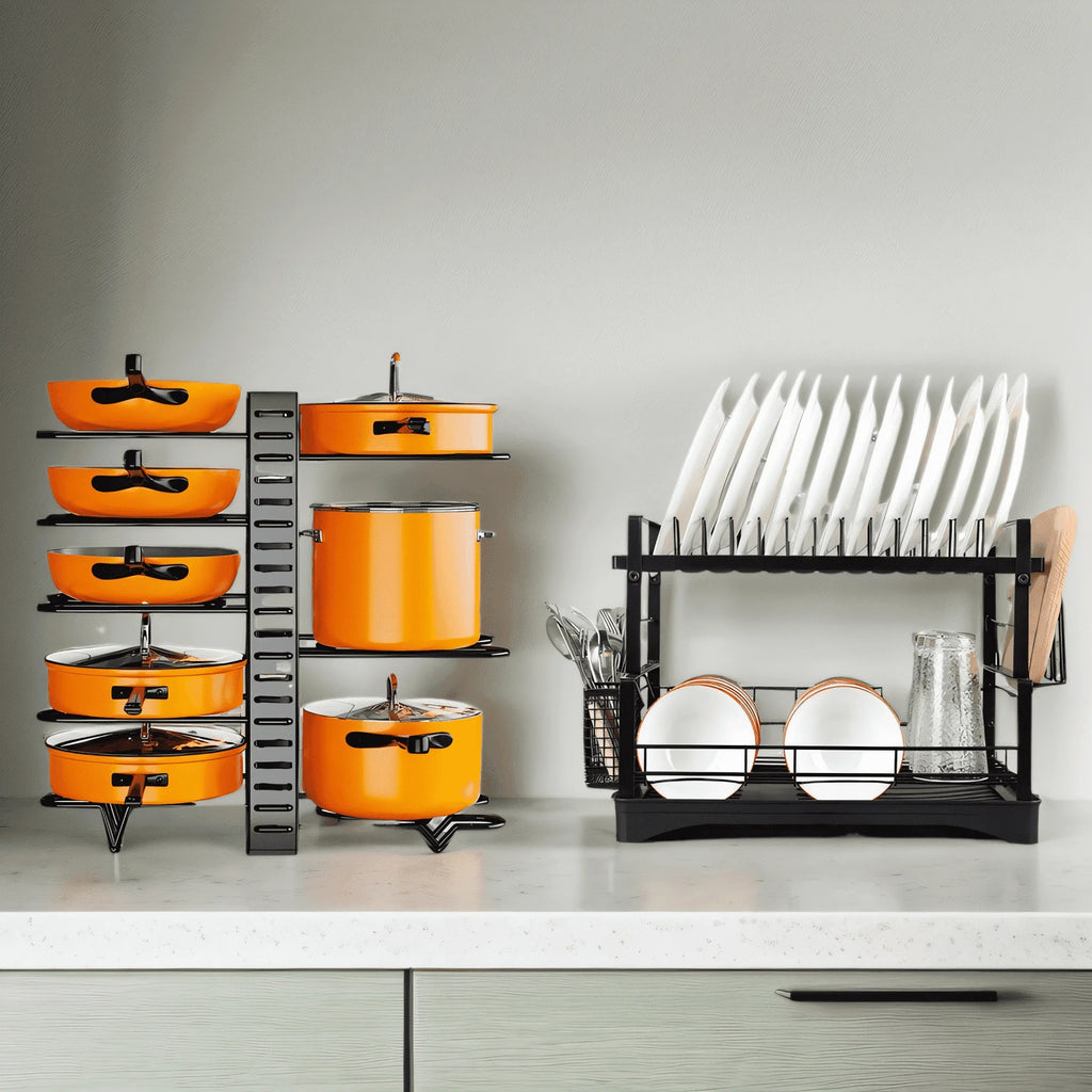 8-Tier Pot & Pan Organizer with Dish Drying Rack – 3-in-1 Kitchen Storage
