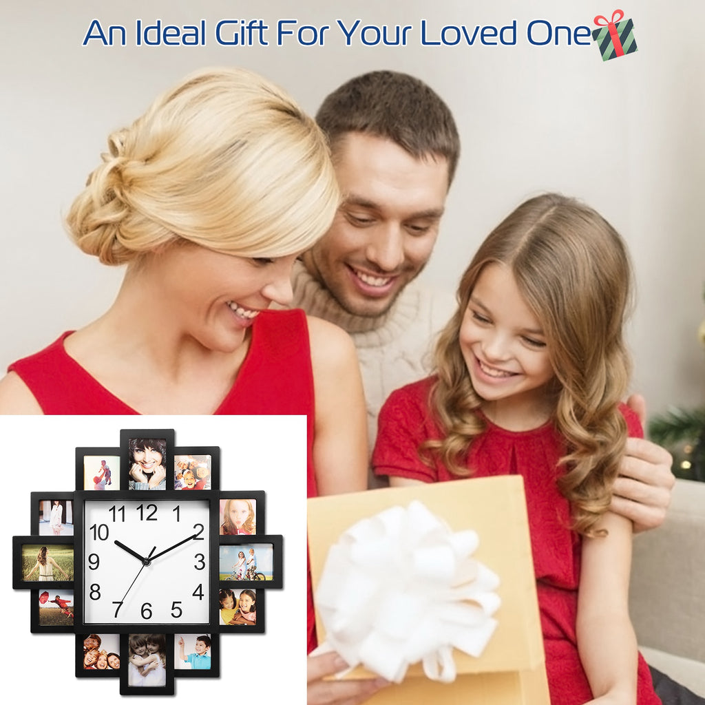 Photo Frame Wall Clock – 12-Opening Picture Collage Display