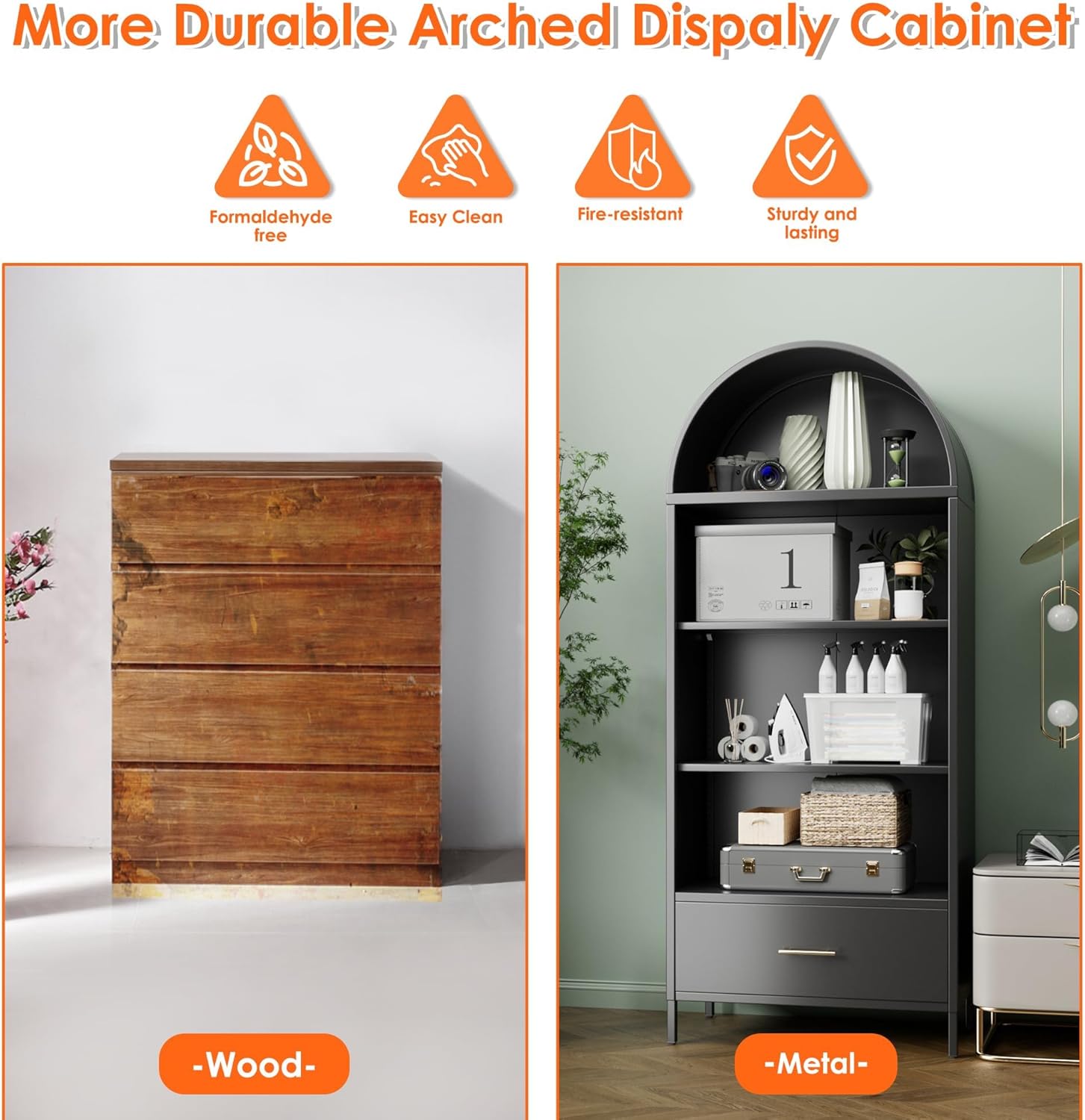 Metal Arched Display Cabinet – Bookshelf & Kitchen Pantry with Glass Doors