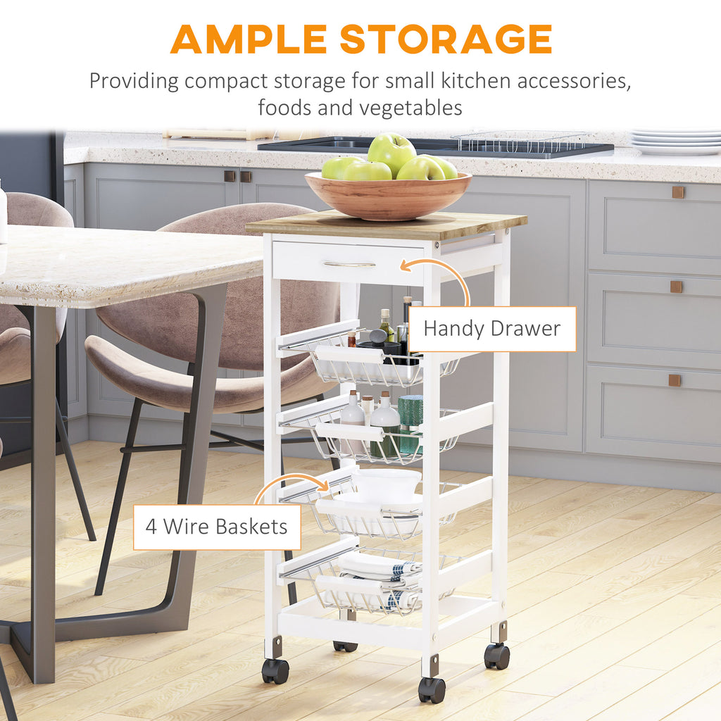 Mobile Kitchen Island Cart with Drawer & Wire Baskets – Rolling Pine Wood Cart