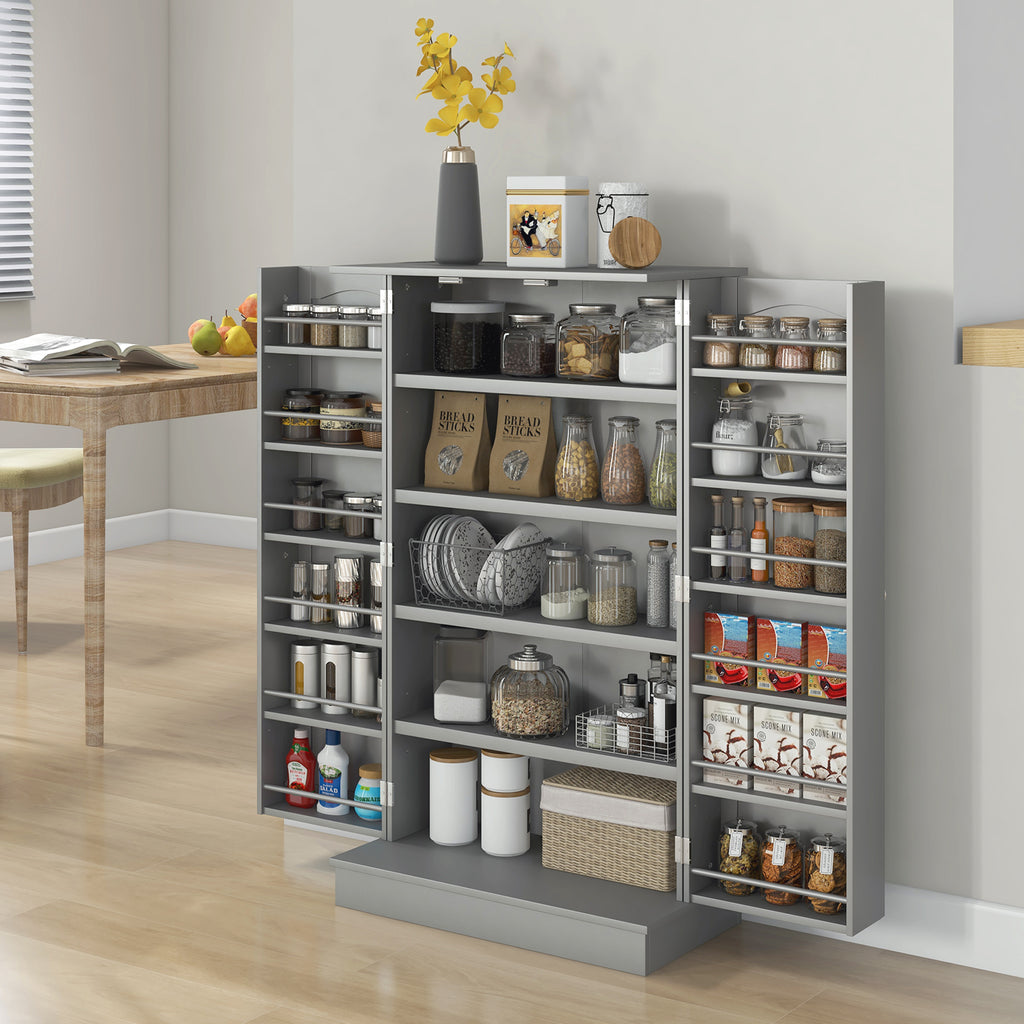 Gray Pantry Cabinet with 5-Tier Shelves & 12 Spice Racks – Double Door Storage