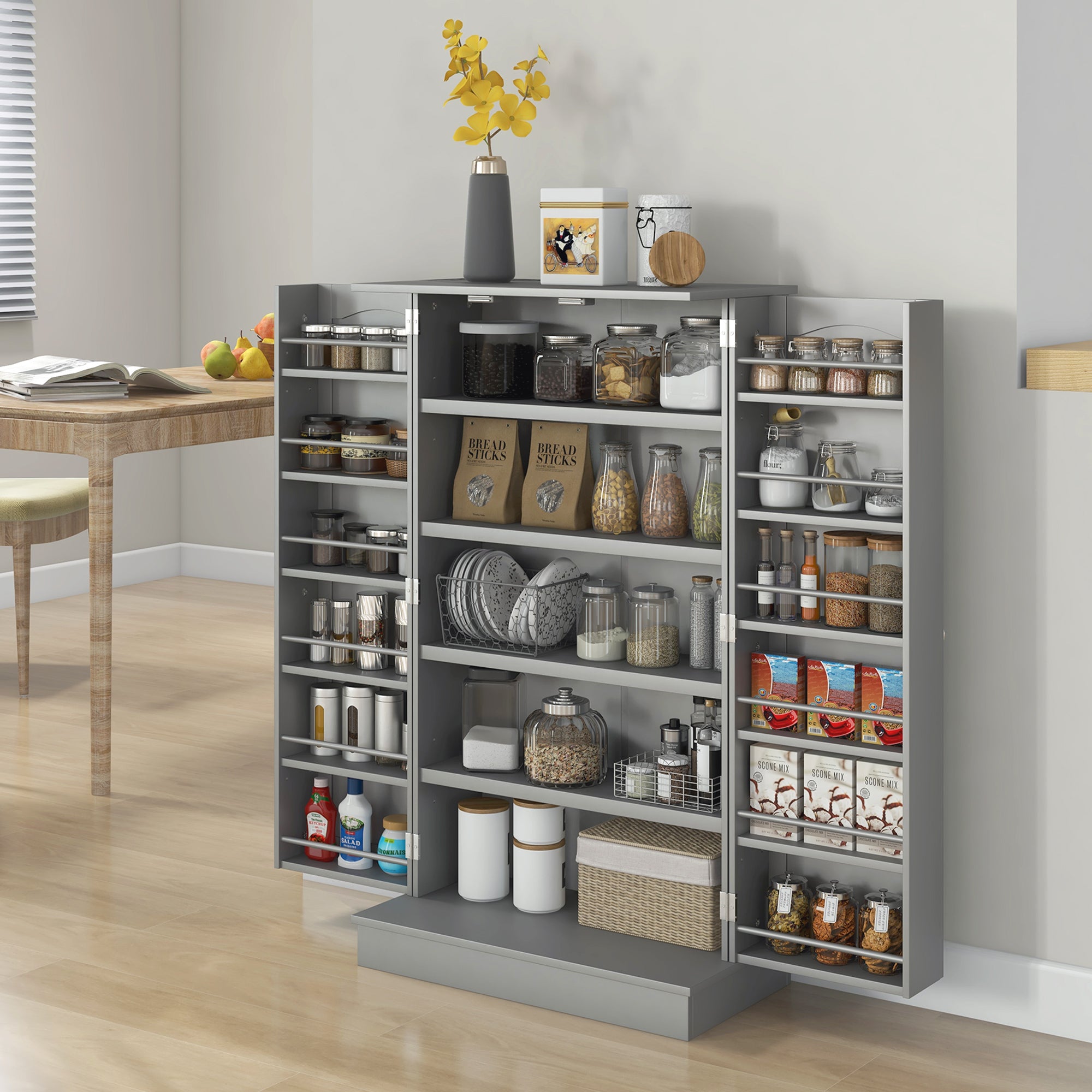 Gray Pantry Cabinet with 5-Tier Shelves & 12 Spice Racks – Double Door Storage