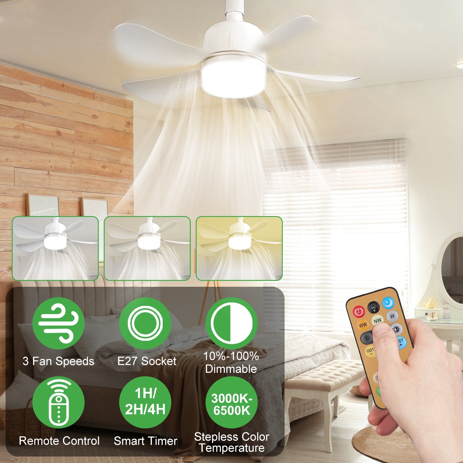 12W LED Ceiling Fan Light – Dimmable, 3 Speeds, Remote Control, E27 Socket