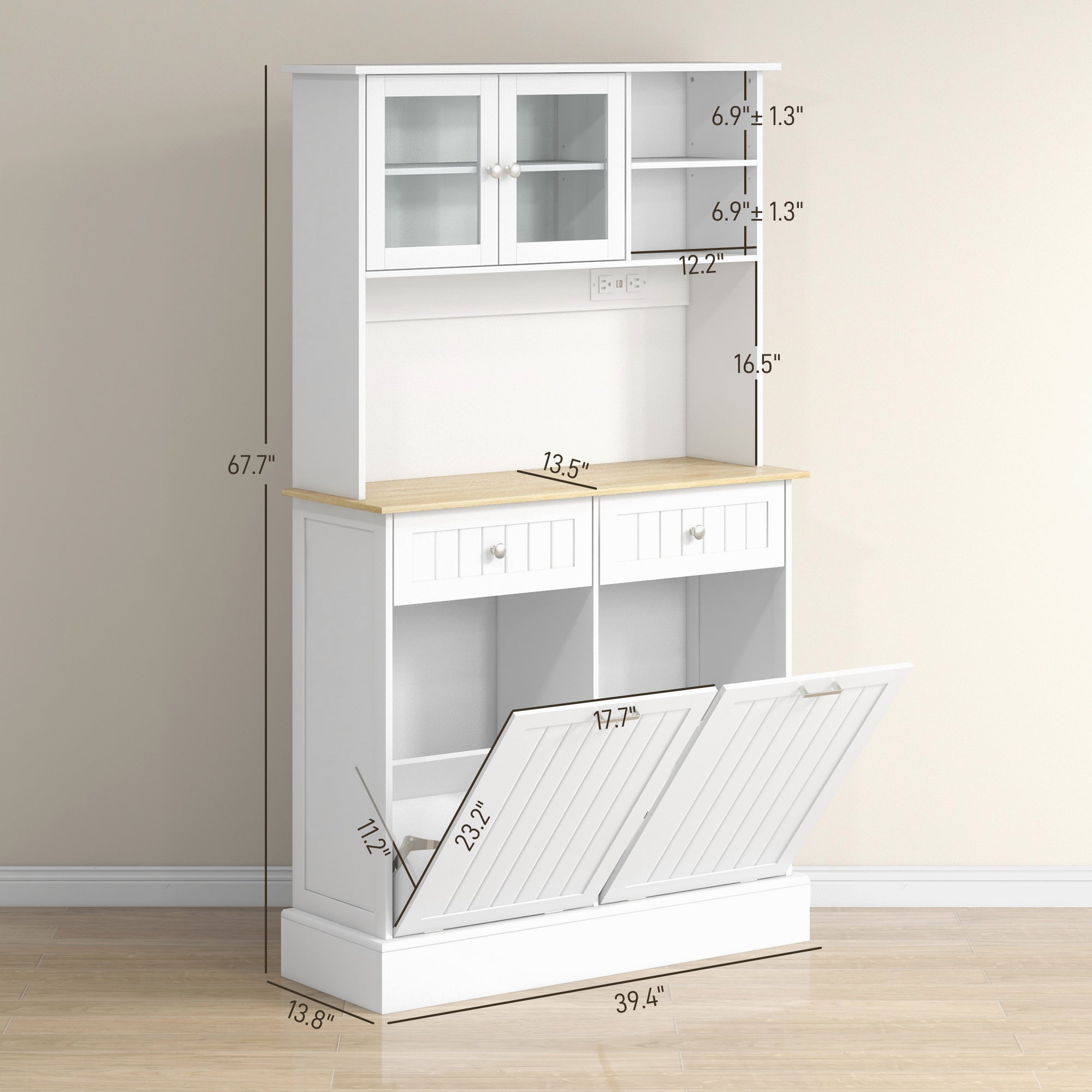 Freestanding Kitchen Pantry Cabinet with Charging Station – Microwave Stand & Storage