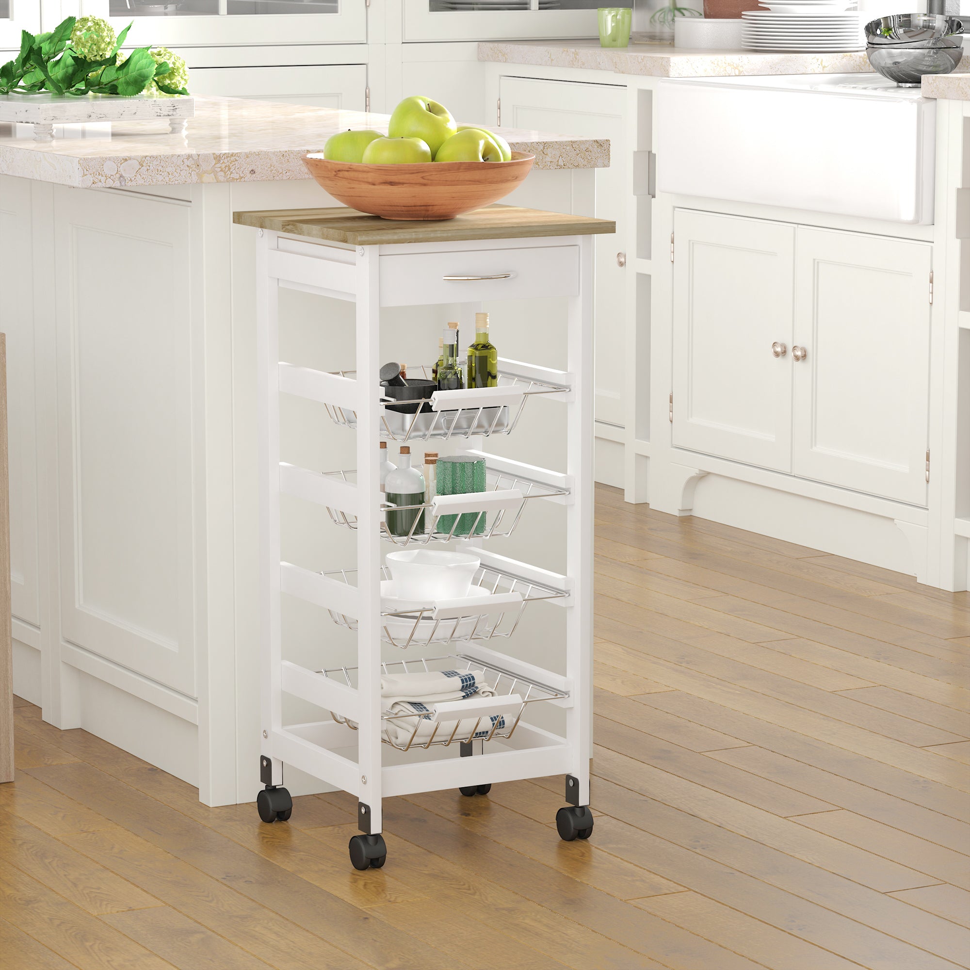Mobile Kitchen Island Cart with Drawer & Wire Baskets – Rolling Pine Wood Cart