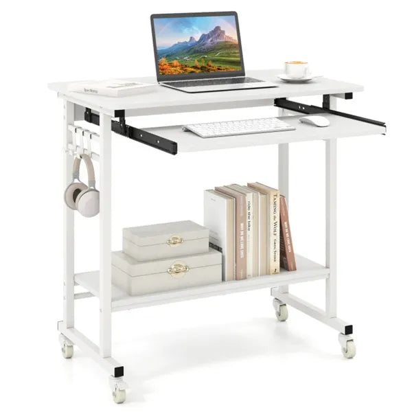 Mobile Computer Desk with Keyboard Tray & Storage Shelf – Rolling Workstation