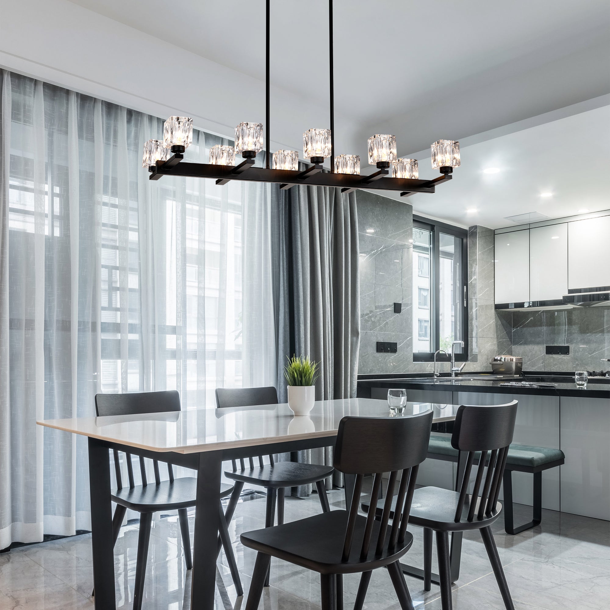 Modern Crystal Linear Chandelier – 10-Light Black Farmhouse Pendant Fixture