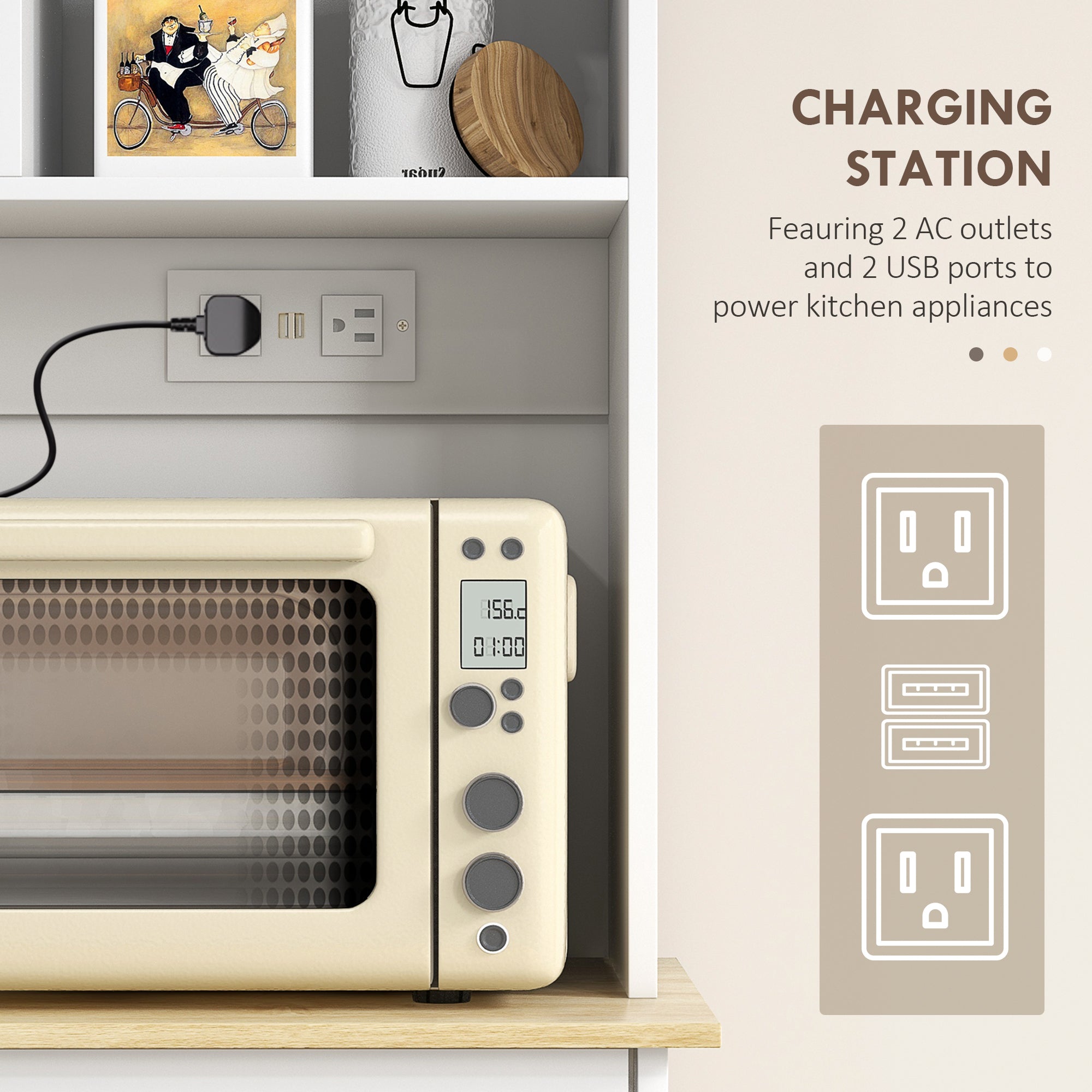 Freestanding Kitchen Pantry Cabinet with Charging Station – Microwave Stand & Storage