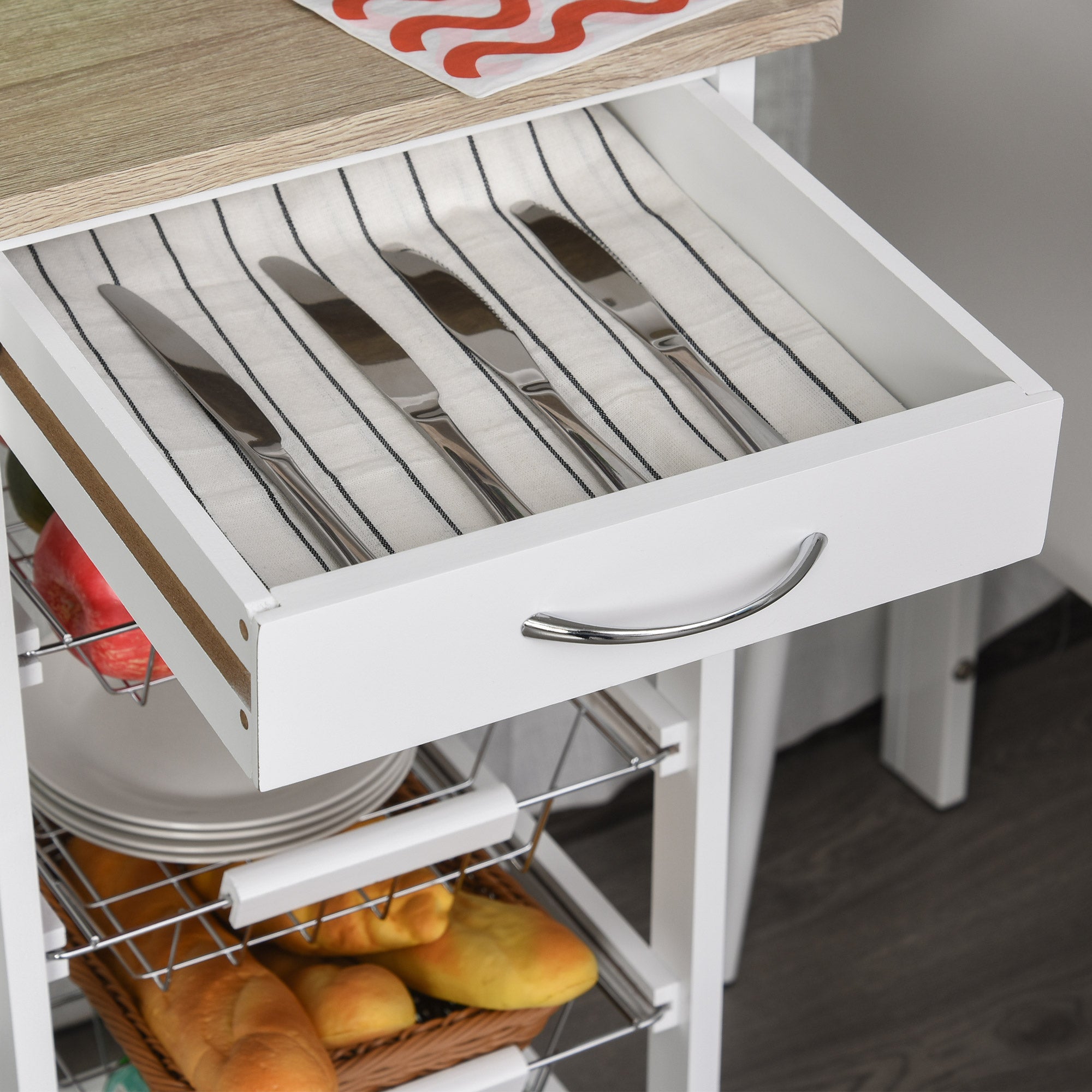 Mobile Kitchen Island Cart with Drawer & Wire Baskets – Rolling Pine Wood Cart