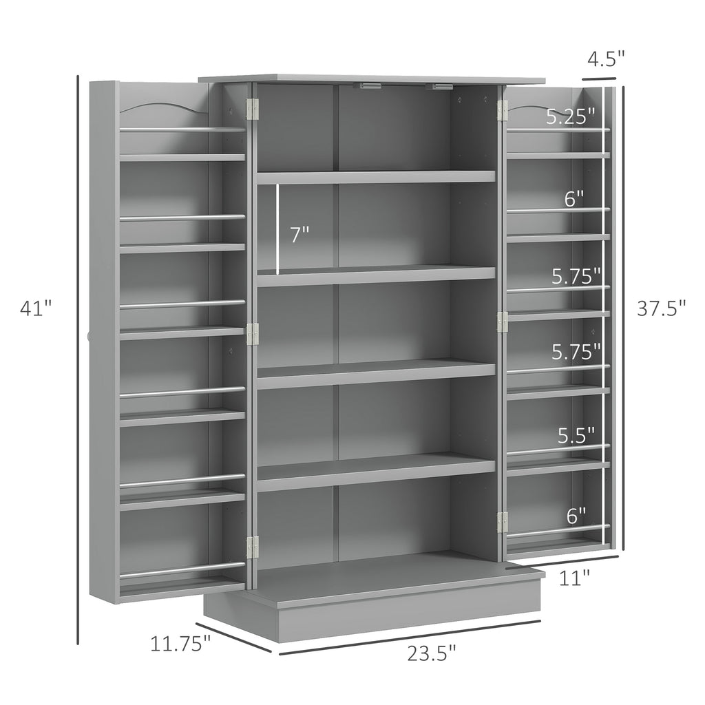 Gray Pantry Cabinet with 5-Tier Shelves & 12 Spice Racks – Double Door Storage