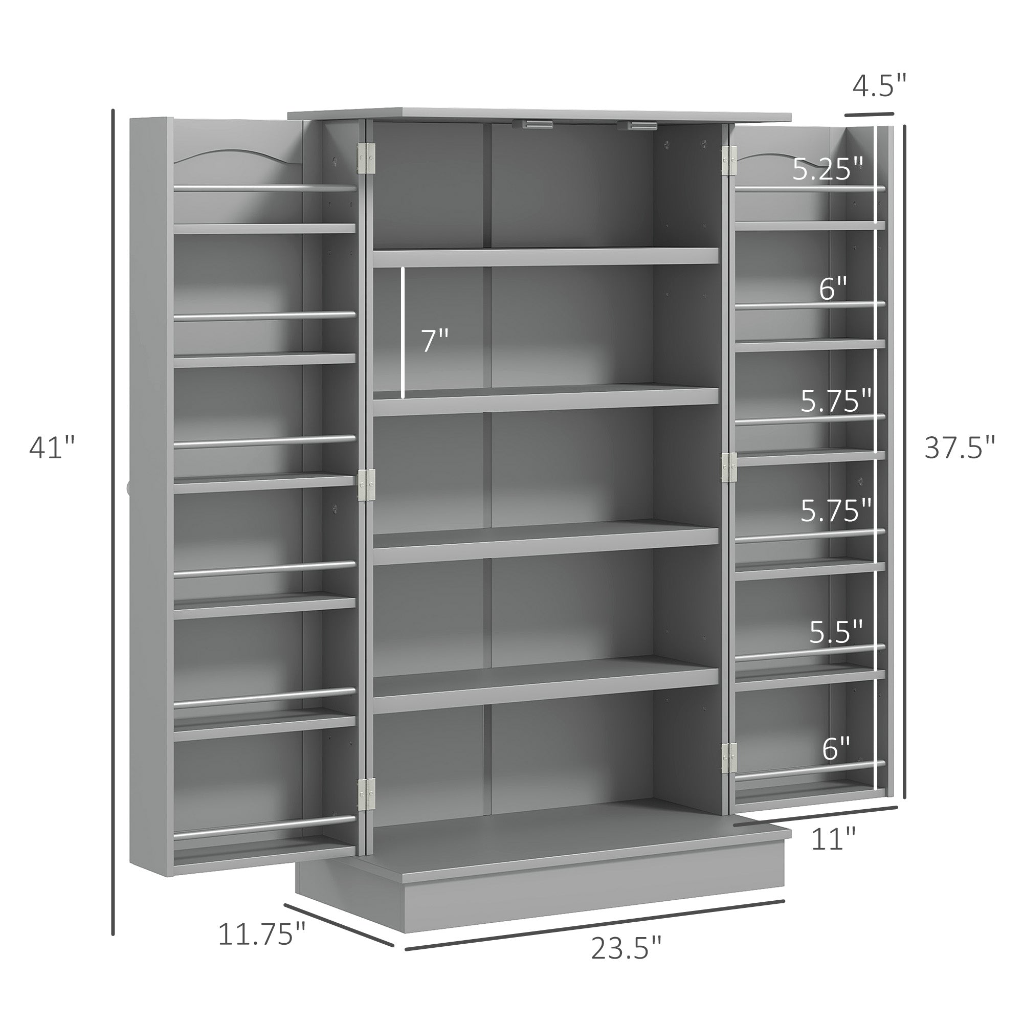 Gray Pantry Cabinet with 5-Tier Shelves & 12 Spice Racks – Double Door Storage