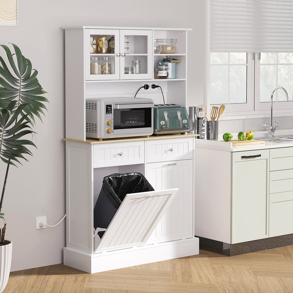 Freestanding Kitchen Pantry Cabinet with Charging Station – Microwave Stand & Storage