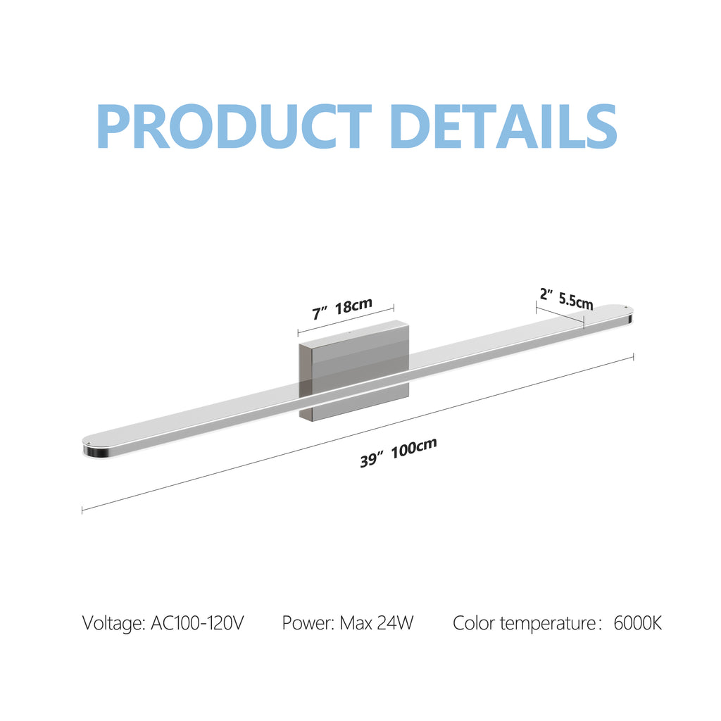 39" Dimmable Chrome LED Vanity Light – Modern Bathroom Bar Fixture