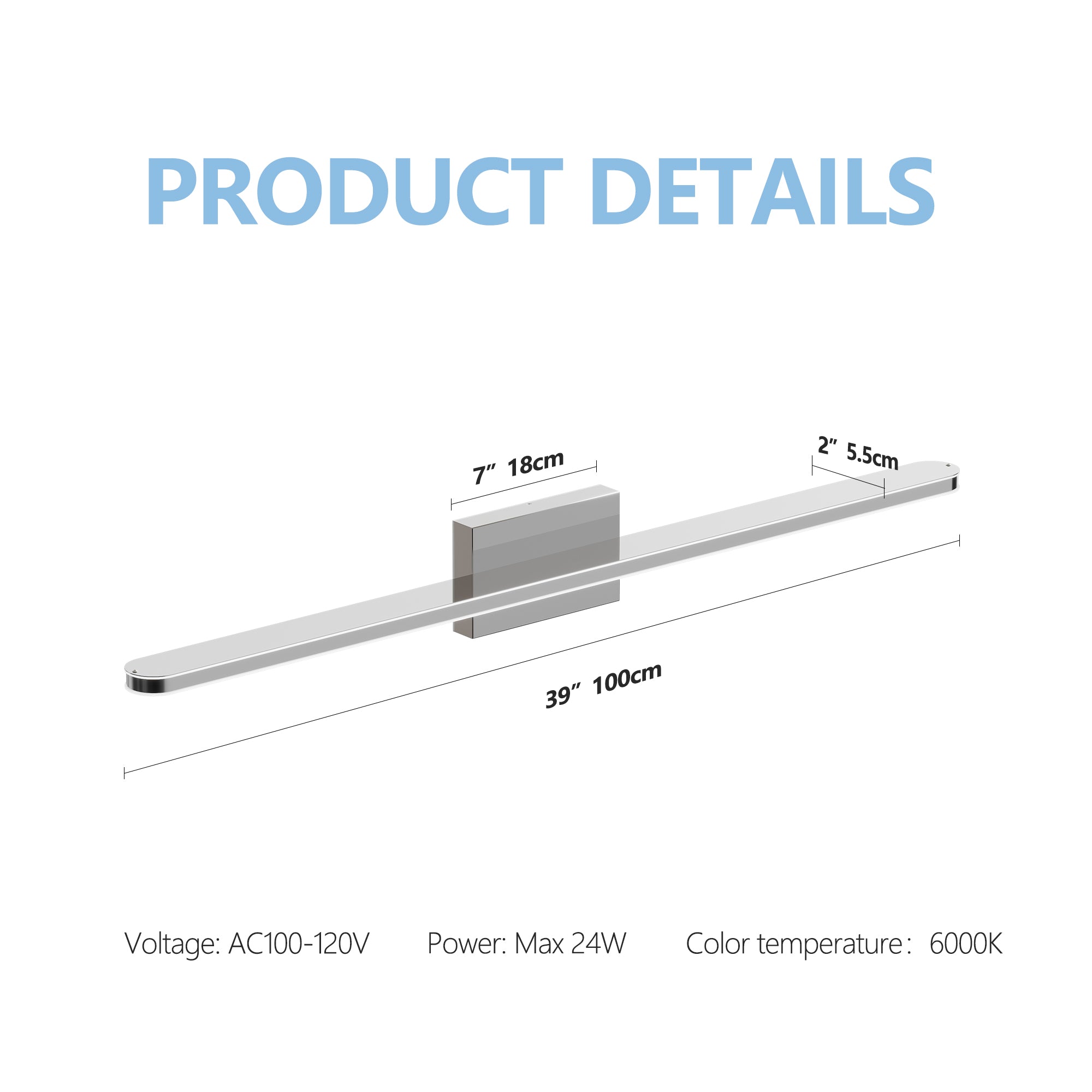 39" Dimmable Chrome LED Vanity Light – Modern Bathroom Bar Fixture