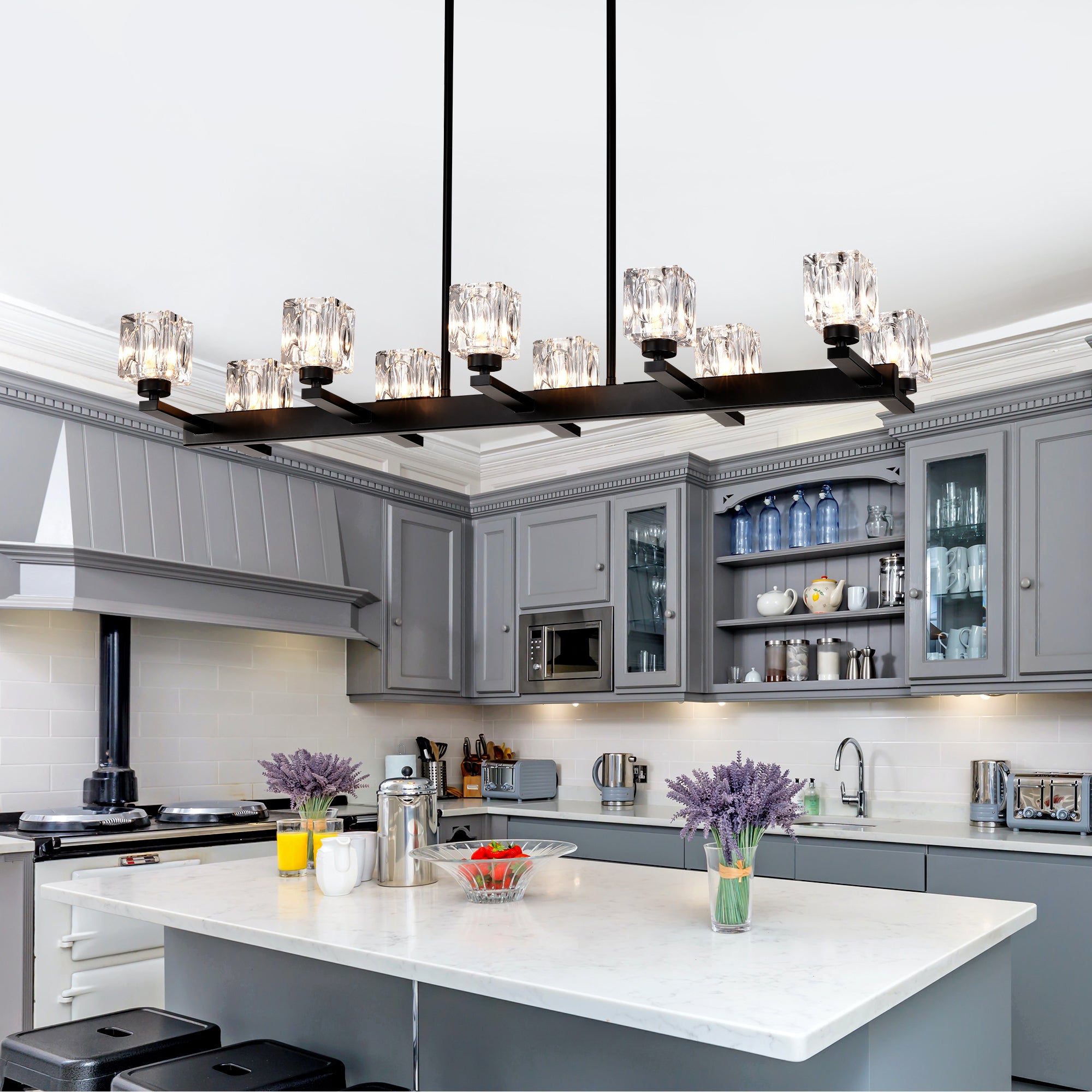 Modern Crystal Linear Chandelier – 10-Light Black Farmhouse Pendant Fixture