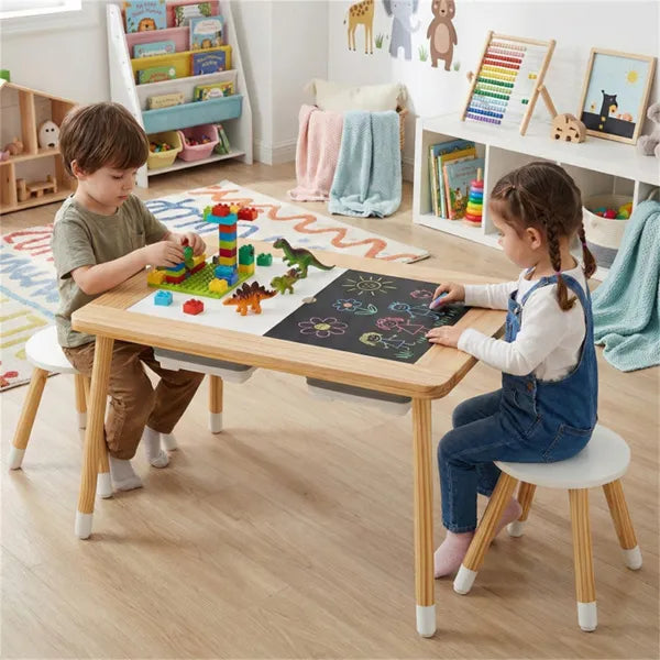 Kids Pine Wood Activity Table & Chairs Set – Sensory Play Table with Storage Bins