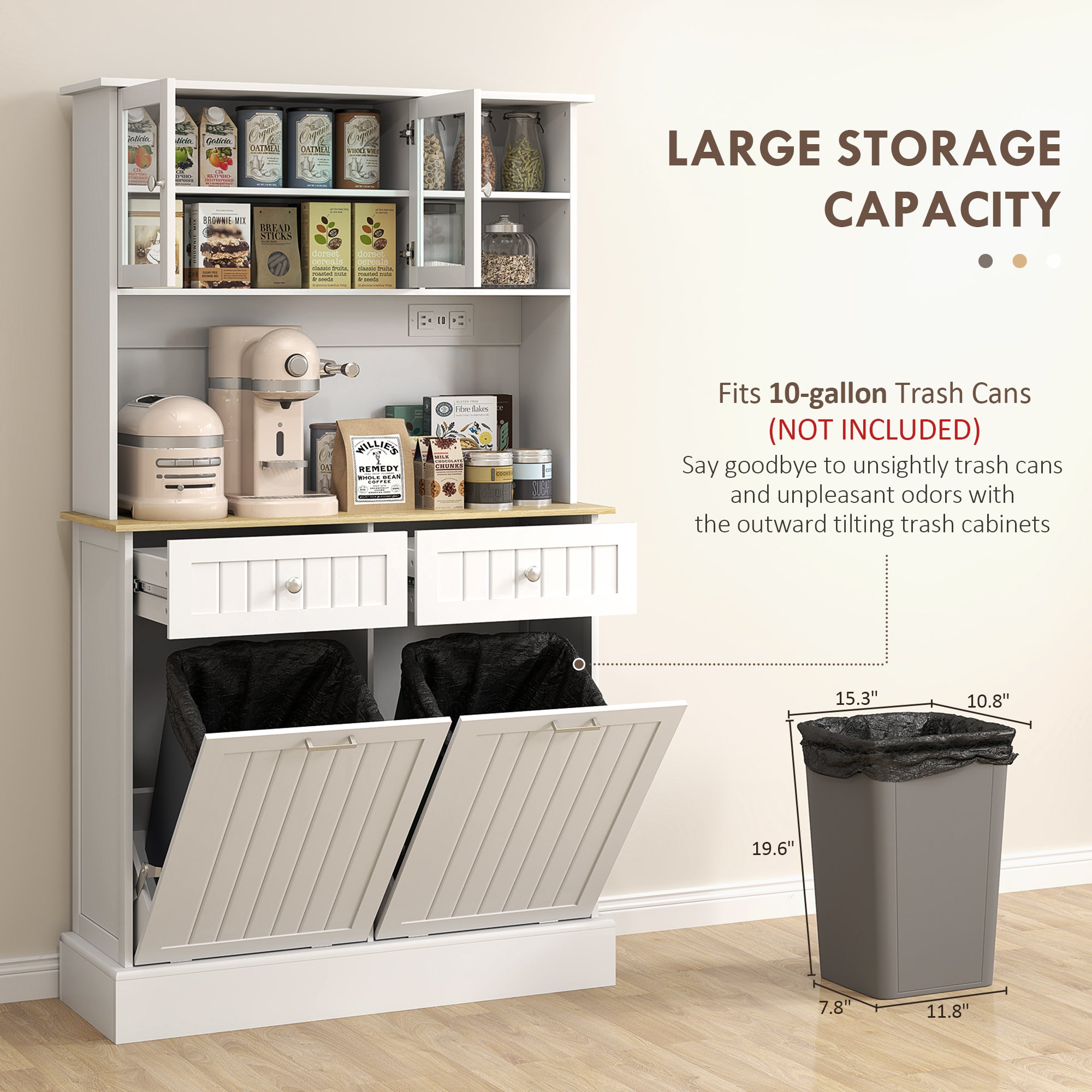 Freestanding Kitchen Pantry Cabinet with Charging Station – Microwave Stand & Storage