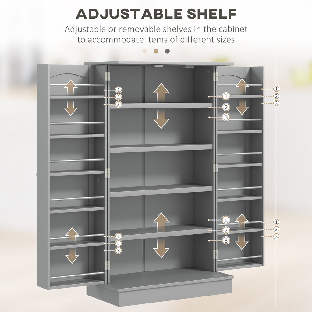 Gray Pantry Cabinet with 5-Tier Shelves & 12 Spice Racks – Double Door Storage