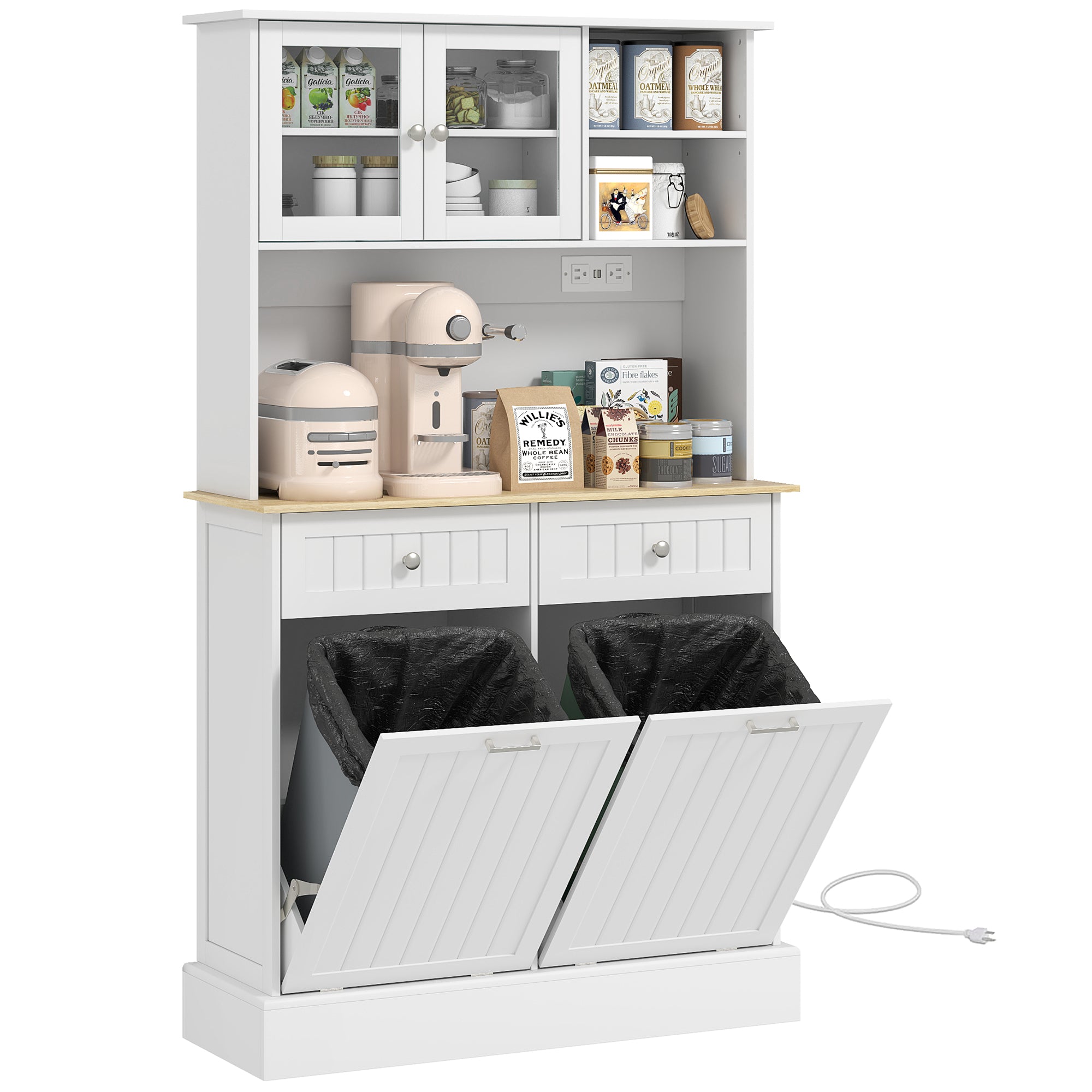 Freestanding Kitchen Pantry Cabinet with Charging Station – Microwave Stand & Storage