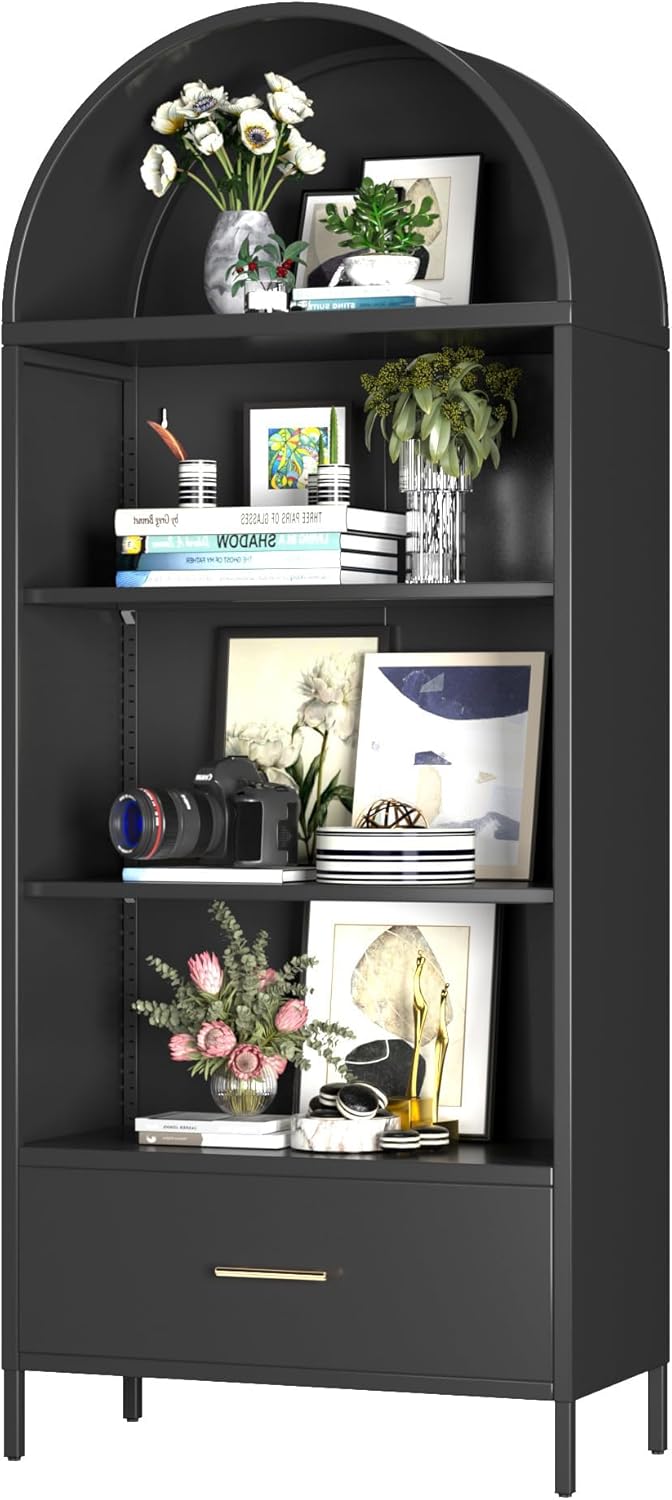 Metal Arched Display Cabinet – Bookshelf & Kitchen Pantry with Glass Doors